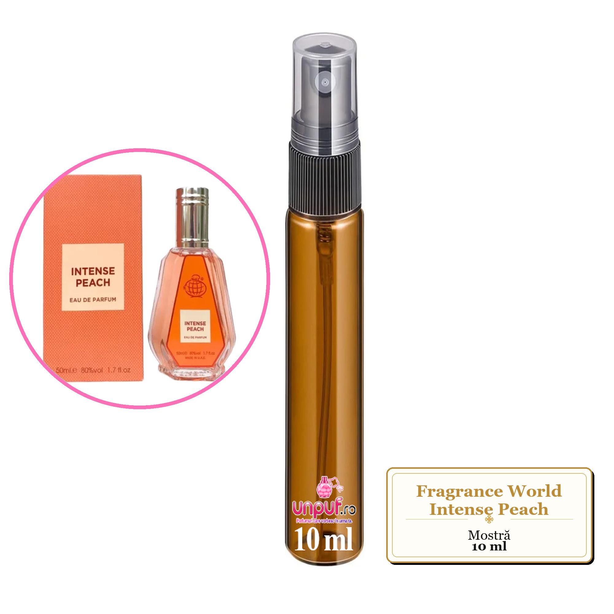 Mostra fiola din Parfumul Fragrance World Intense Peach, decant sticla cu pulverizator 