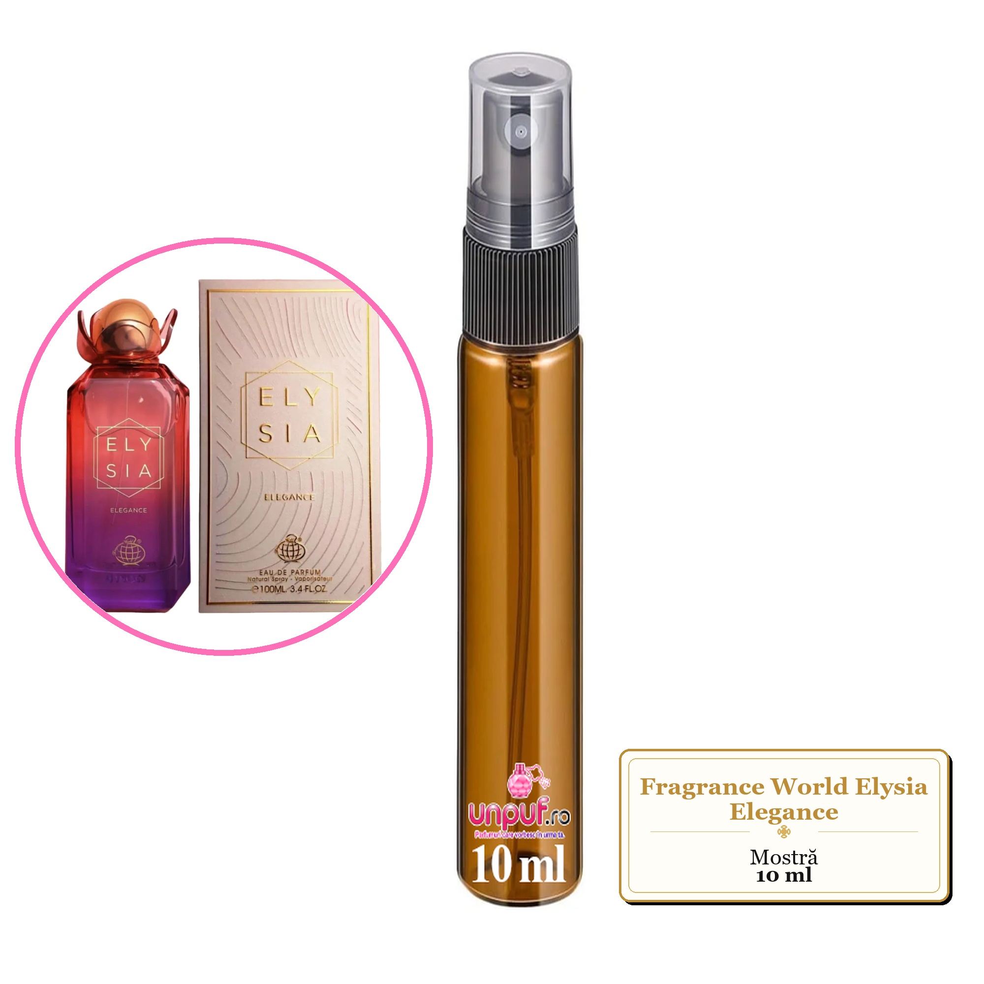 Mostra fiola din Parfumul Fragrance World Elysia Elegance, decant sticla cu pulverizator