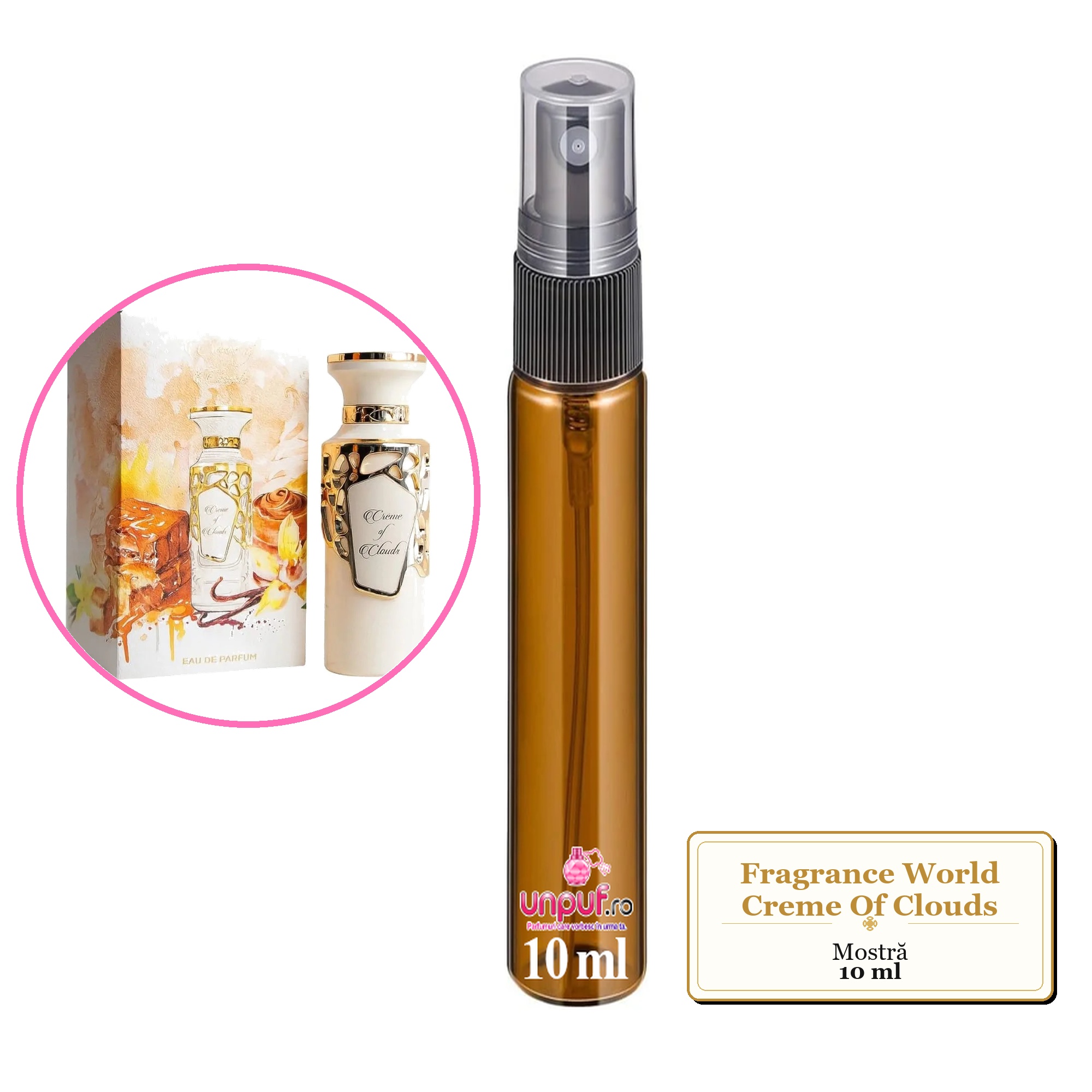 Mostra fiola din Parfumul Fragrance World Creme Of Clouds, decant sticla cu pulverizator 