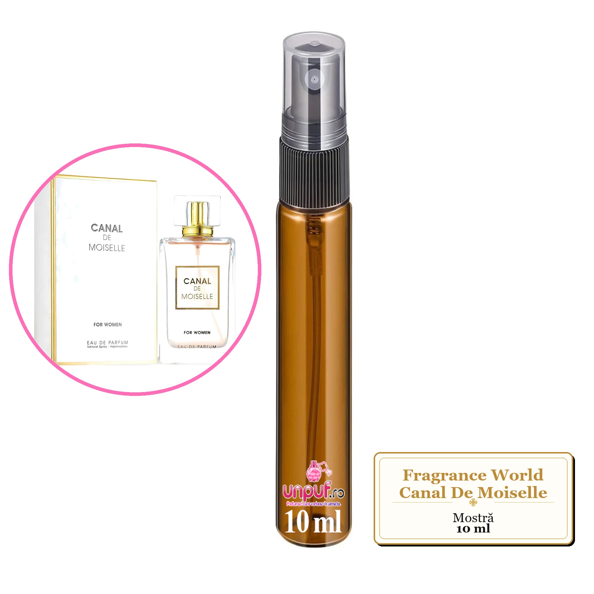 Mostra fiola din Parfumul Fragrance World Canal De Moiselle, decant sticla cu pulverizator 