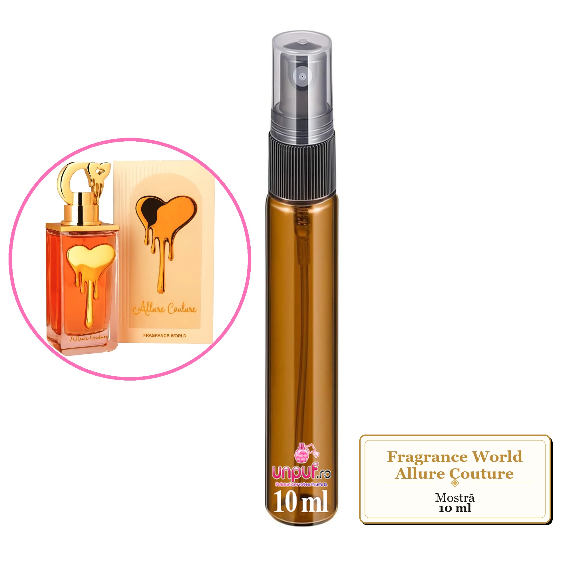 Mostra fiola din Parfumul Fragrance World Allure Couture, decant sticla cu pulverizator 