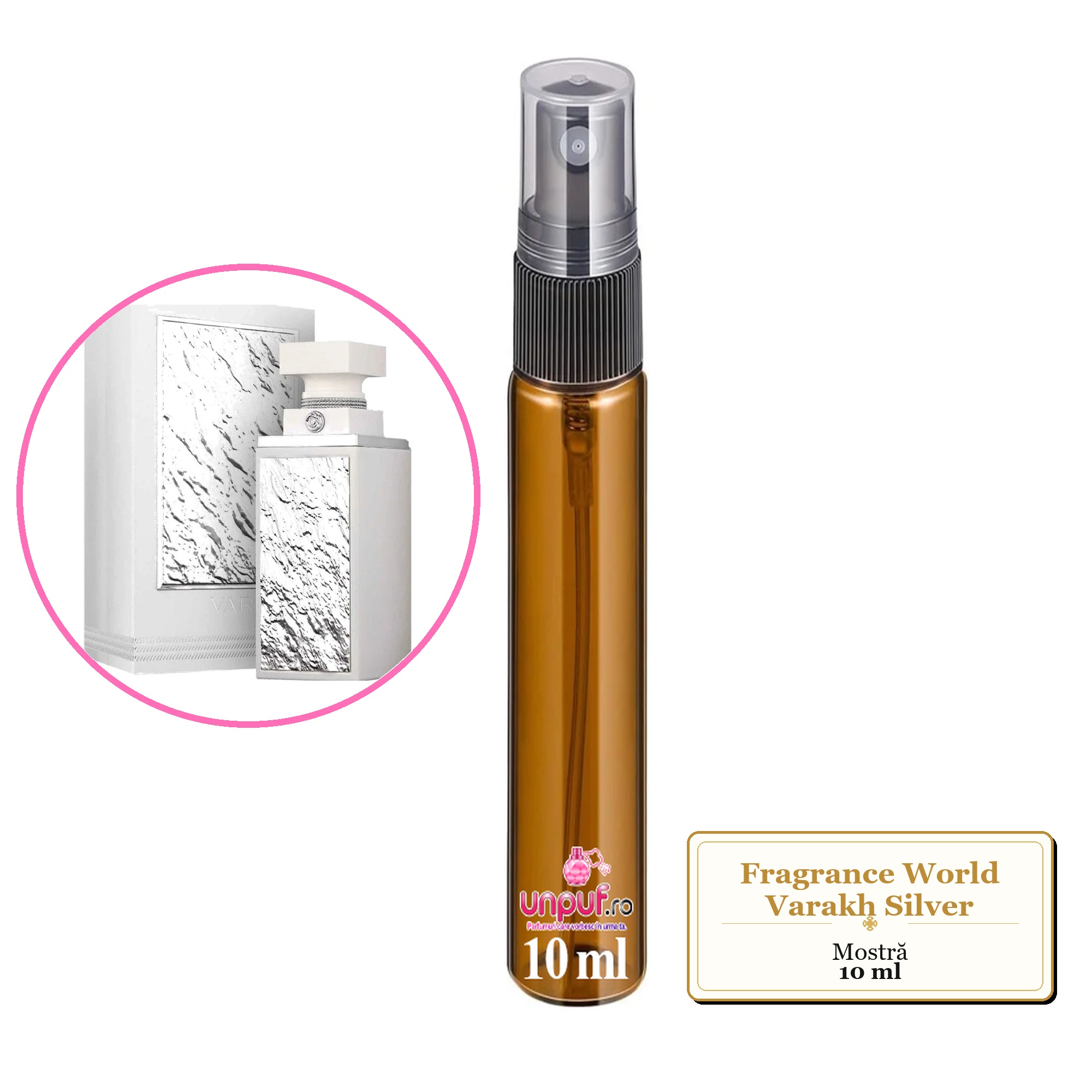 Mostra fiola din Parfumul Fragrance World Varakh Silver, decant sticla cu pulverizator 