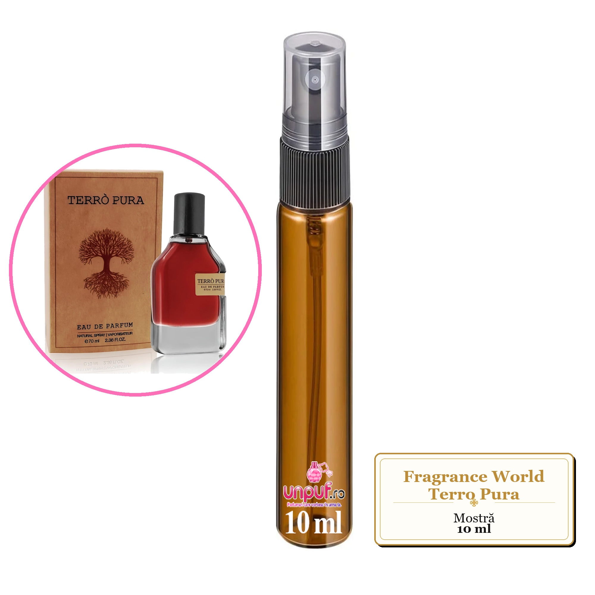 Mostra fiola din Parfumul Fragrance World Terro Pura, decant sticla cu pulverizator 