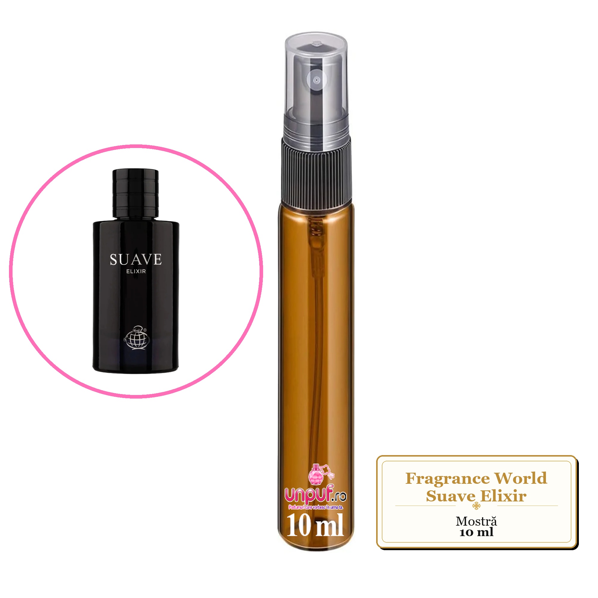 Mostra fiola din Parfumul Fragrance World Suave Elixir, decant sticla cu pulverizator 