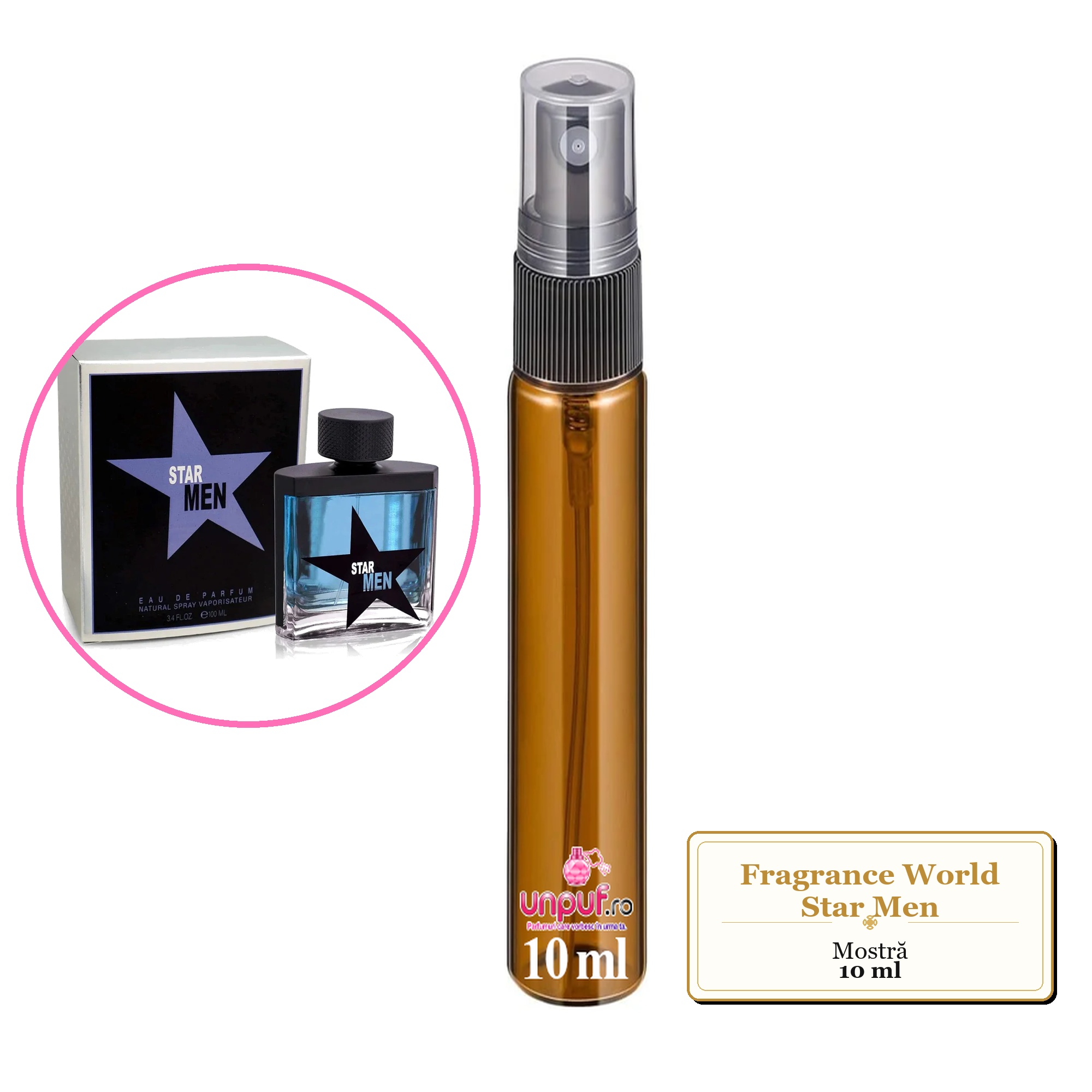 Mostra fiola din Parfumul Fragrance World Star Men, decant sticla cu pulverizator 