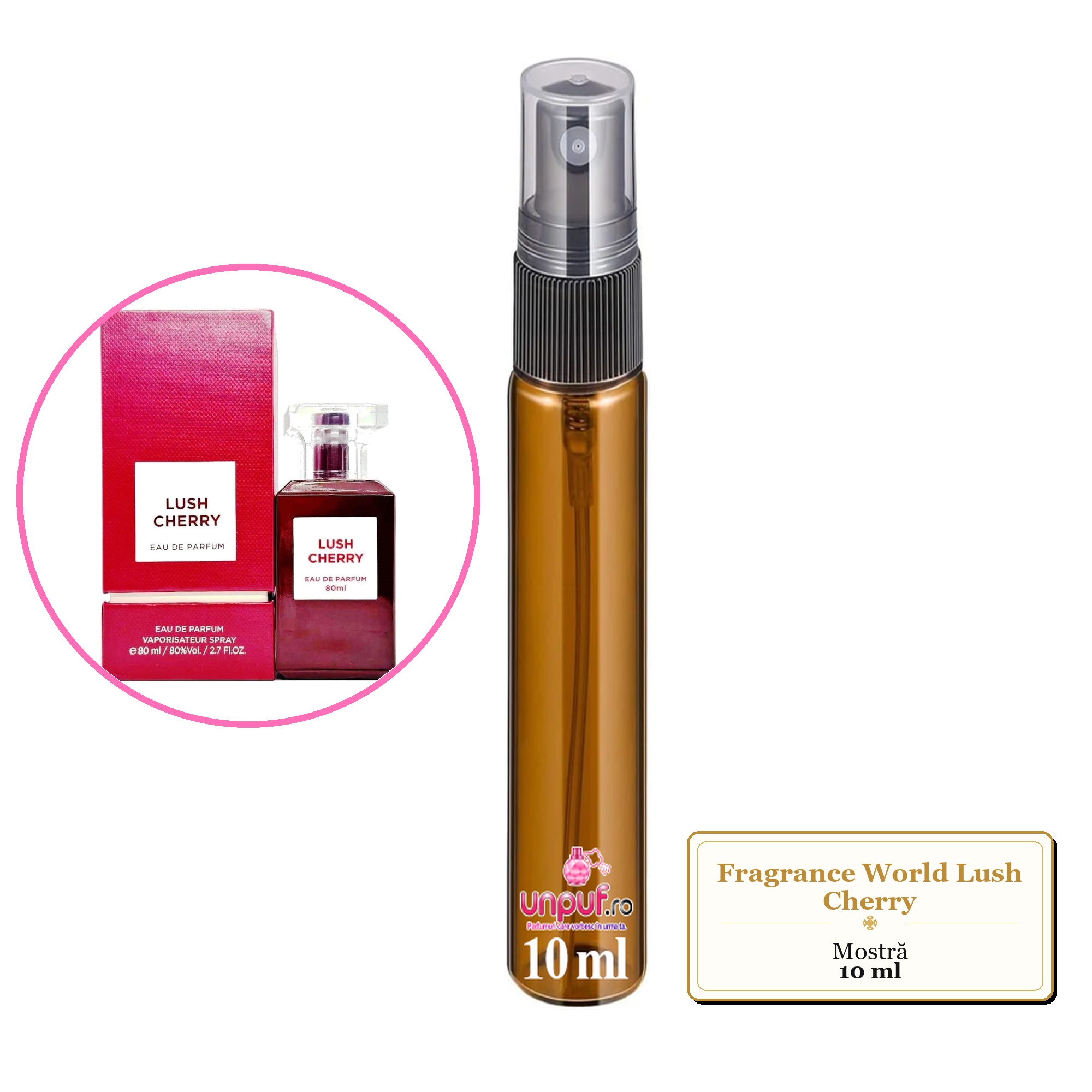 Mostra fiola din Parfumul Fragrance World Lush Cherry, decant sticla cu pulverizator 
