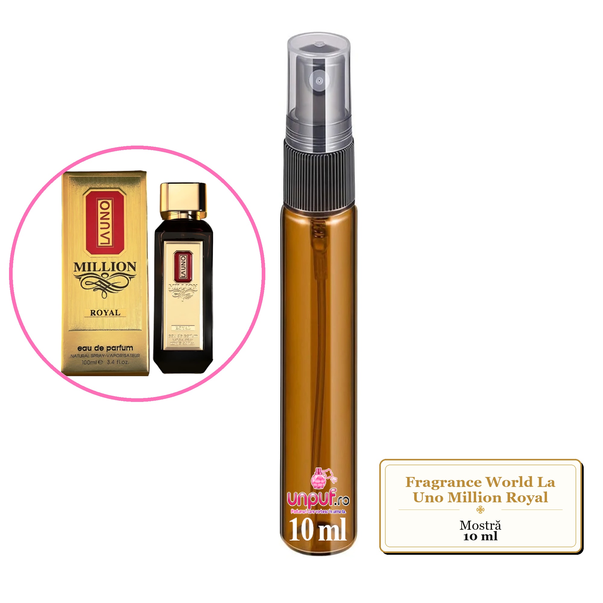 Mostra fiola din Parfumul Fragrance World La Uno Million Royal, decant sticla cu pulverizator