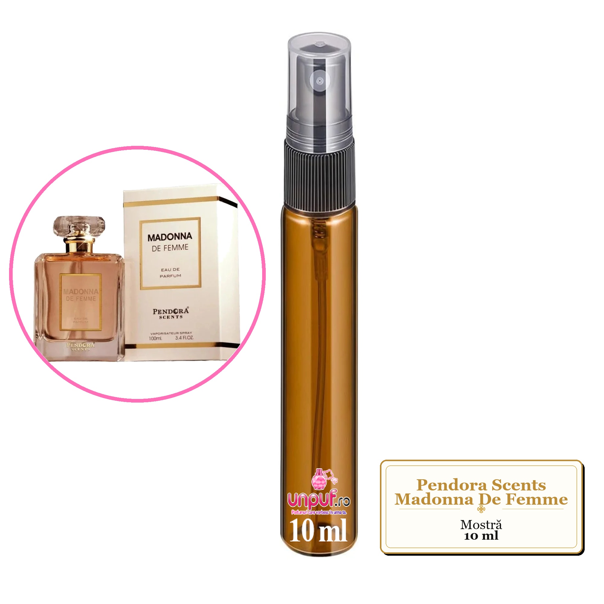 Mostra fiola din Parfumul Pendora Scents Madonna De Femme, decant sticla cu pulverizator 