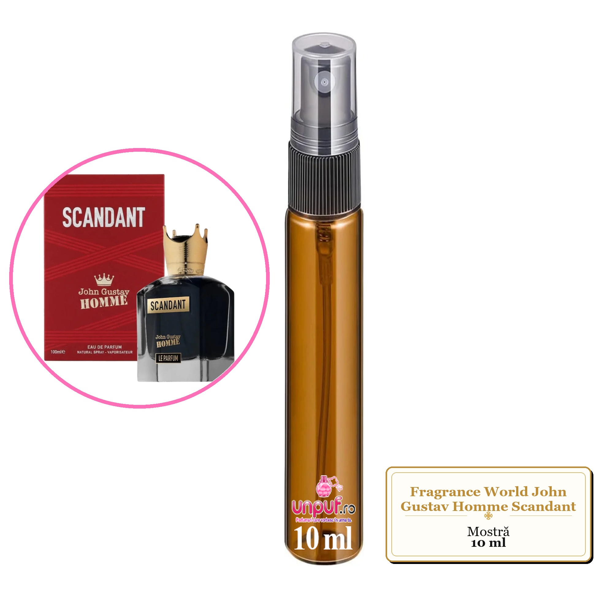 Mostra fiola din Parfumul Fragrance World John Gustav Homme Scandant, decant sticla cu pulverizator 