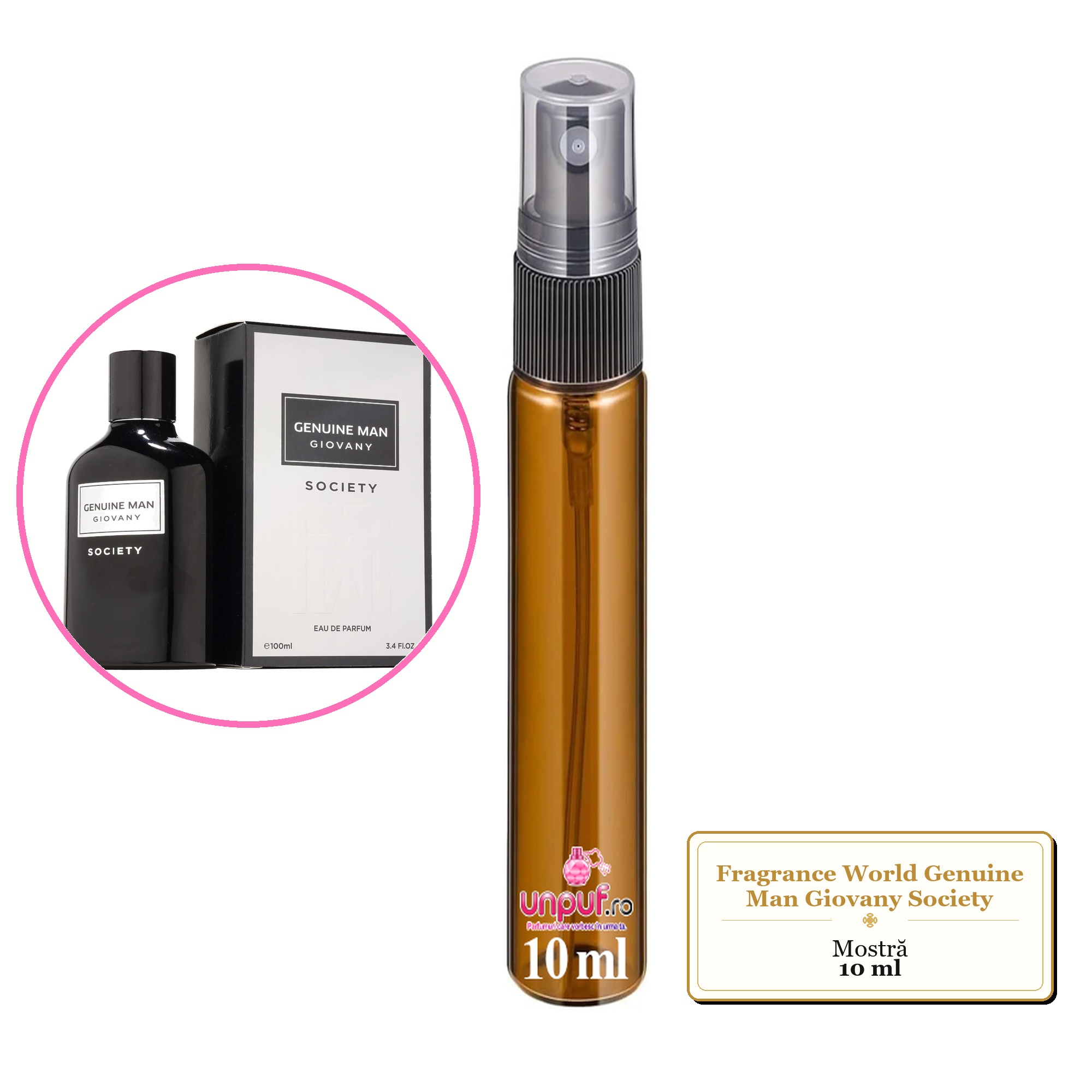 Mostra fiola din Parfumul Fragrance World Genuine Man Giovany Society, decant sticla cu pulverizator 