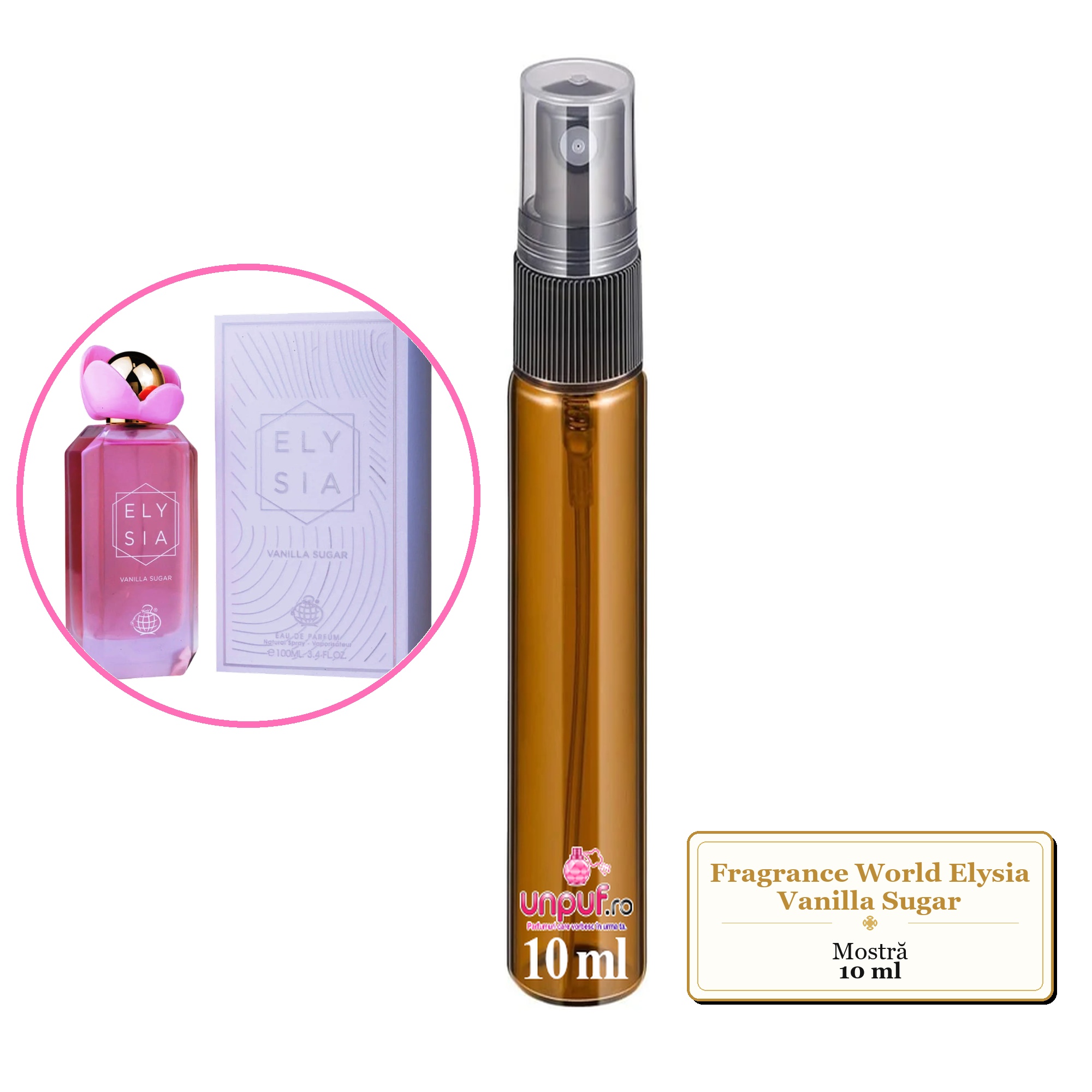 Mostra fiola din Parfumul Fragrance World Elysia Vanilla Sugar, decant sticla cu pulverizator