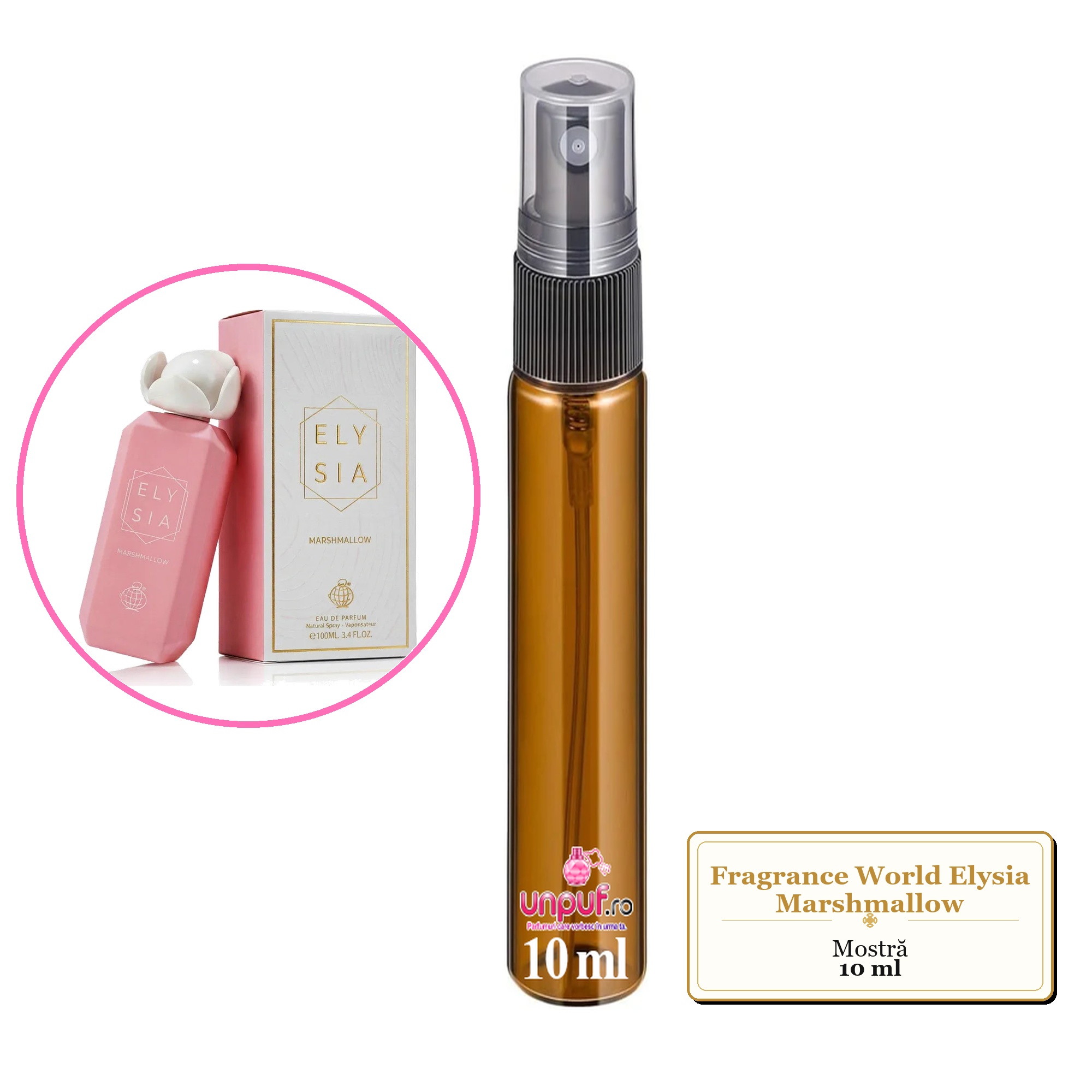 Mostra fiola din Parfumul Fragrance World Elysia Marshmallow, decant sticla cu pulverizator 