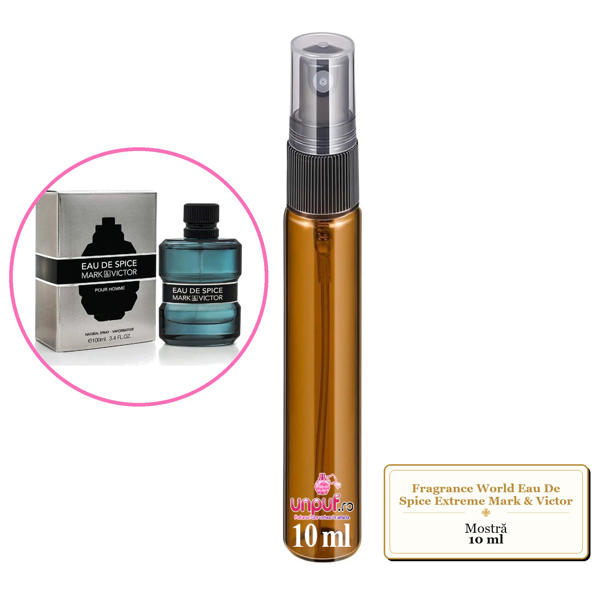 Mostra fiola din Parfumul Fragrance World Eau De Spice Extreme Mark & Victor, decant sticla cu pulverizator