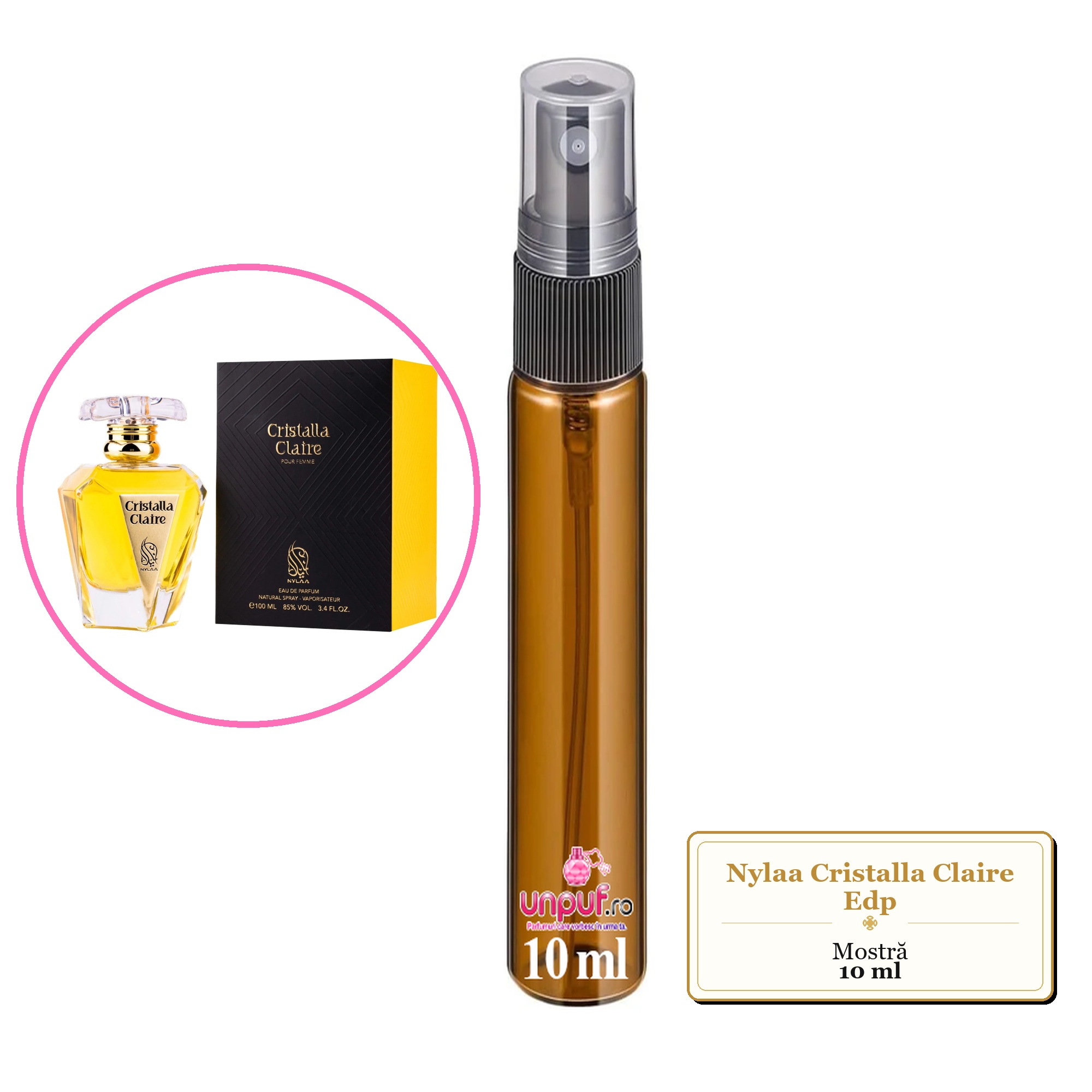 Mostra fiola din Parfumul Nylaa Cristalla Claire Edp, decant sticla cu pulverizator 