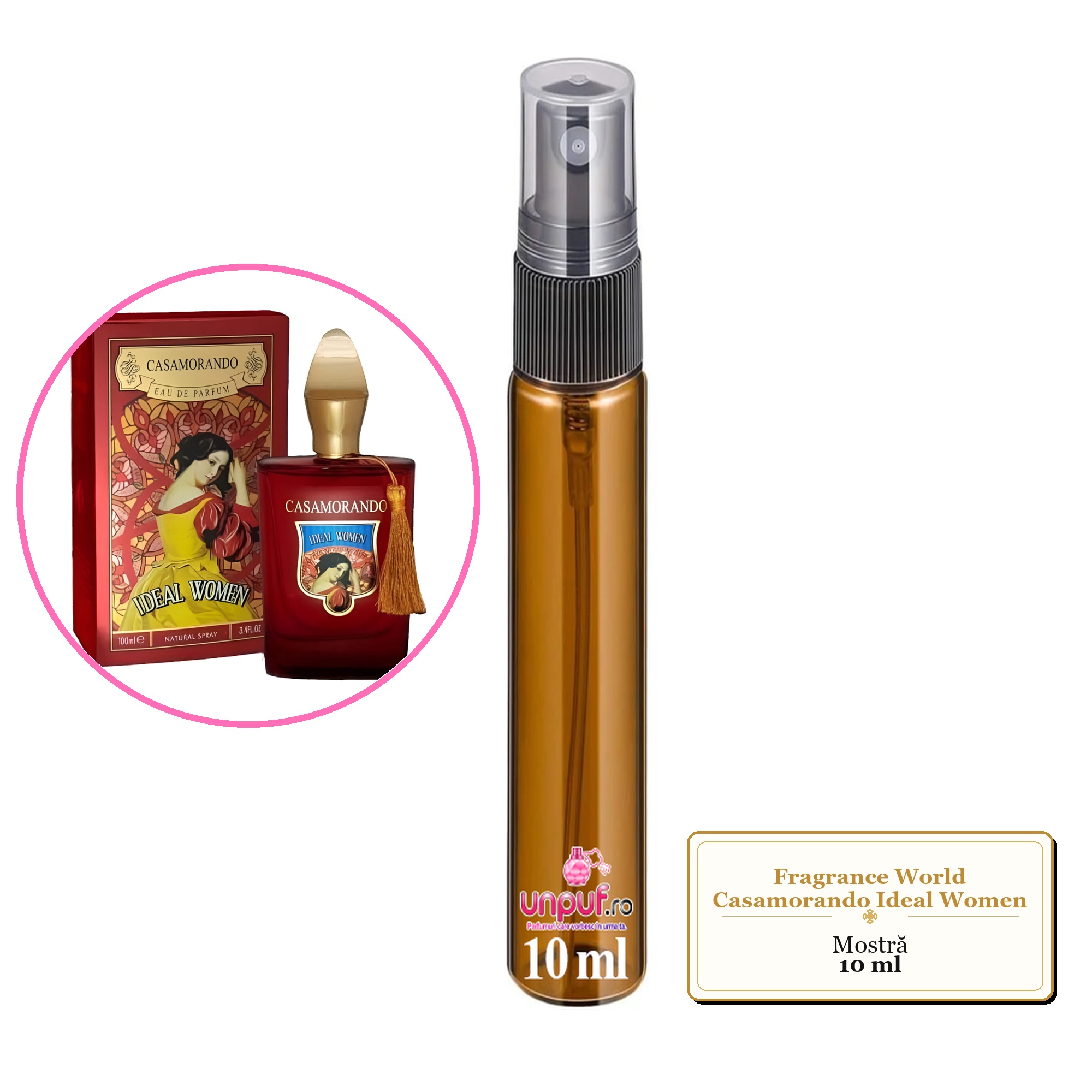Mostra fiola din Parfumul Fragrance World Casamorando Ideal Women, decant sticla cu pulverizator 