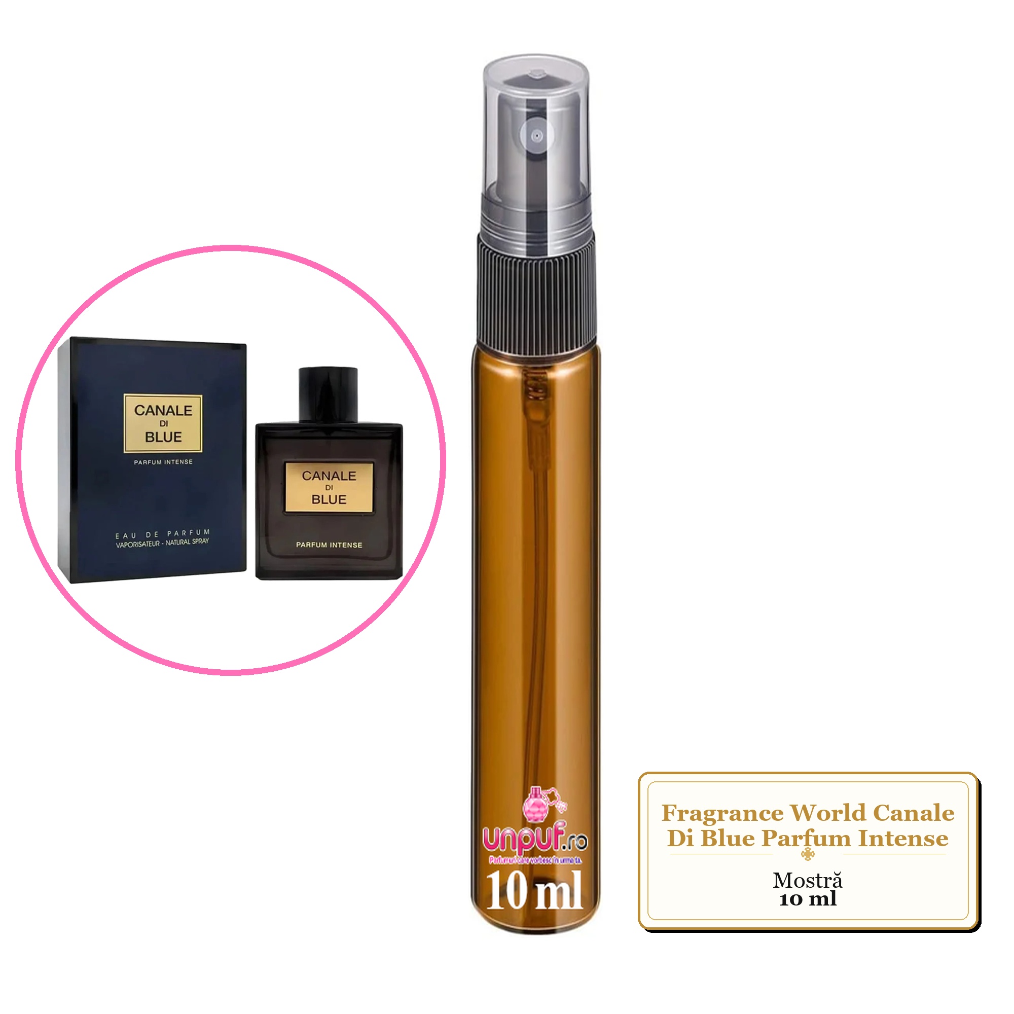 Mostra fiola din Parfumul Fragrance World Canale Di Blue Parfum Intense, decant sticla cu pulverizator 