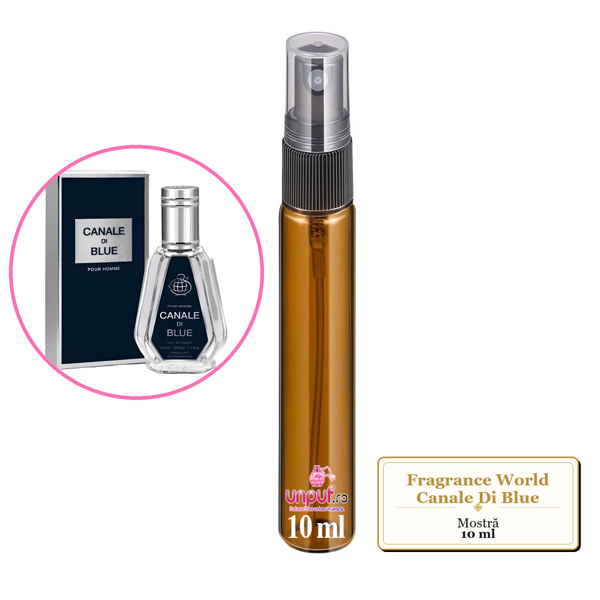 Mostra fiola din Parfumul Fragrance World Canale Di Blue, decant sticla cu pulverizator 