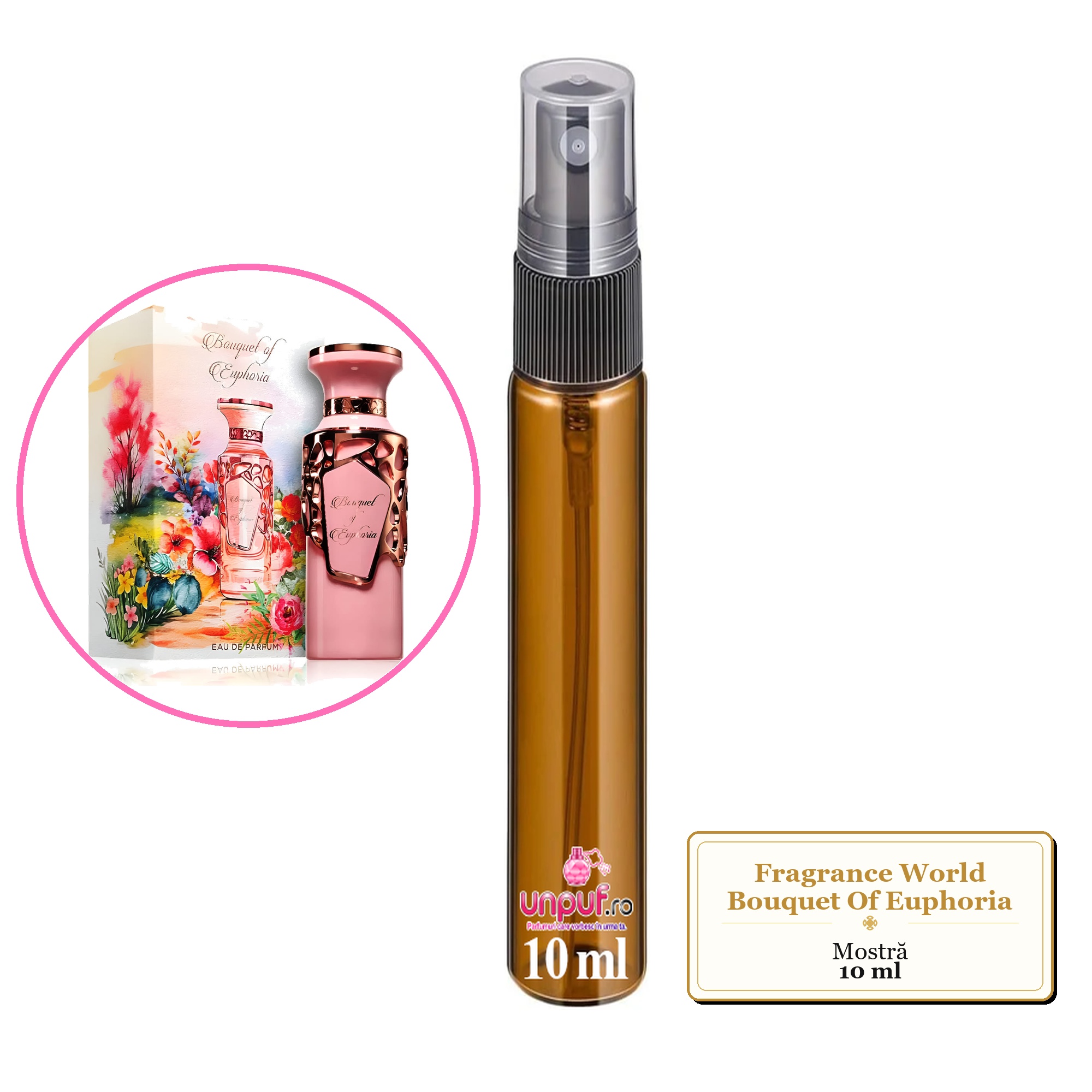 Mostra fiola din Parfumul Fragrance World Bouquet Of Euphoria, decant sticla cu pulverizator 