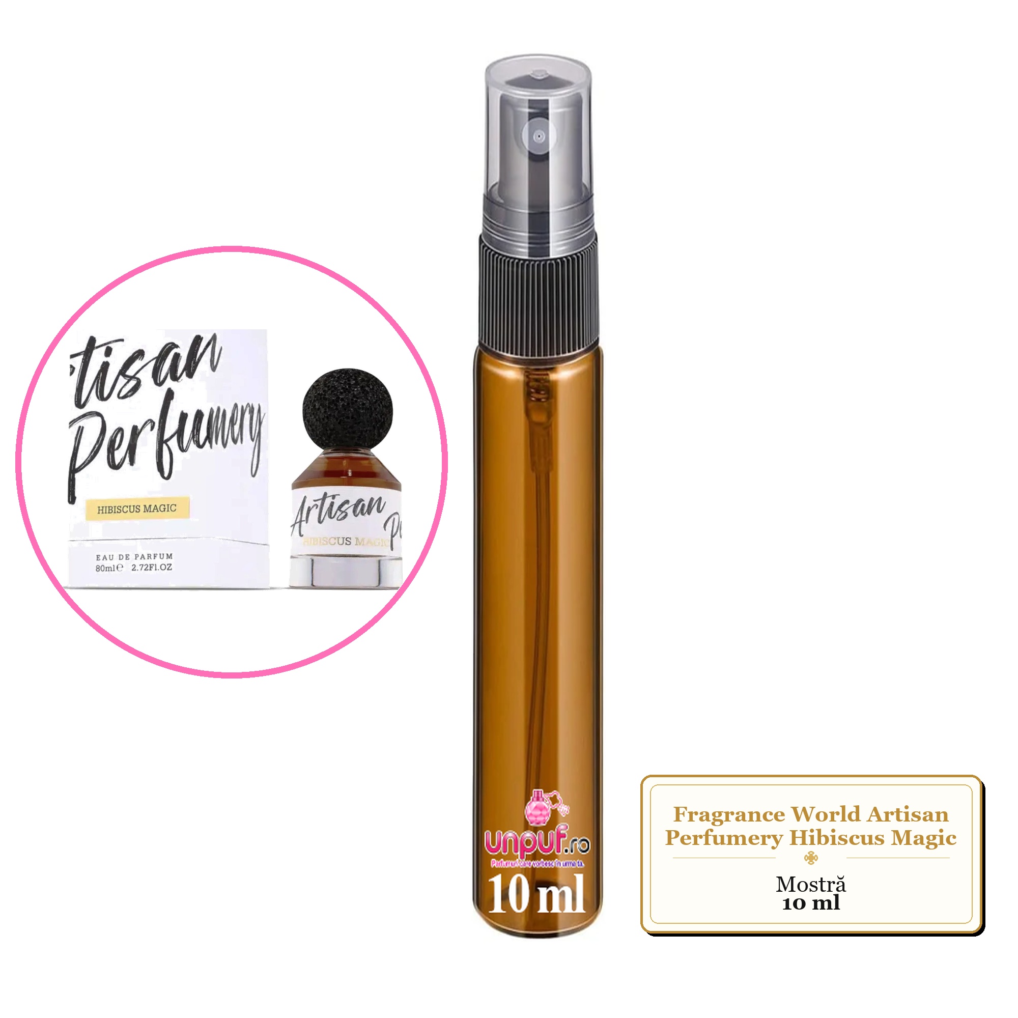 Mostra fiola din Parfumul Fragrance World Artisan Perfumery Hibiscus Magic, decant sticla cu pulverizator 
