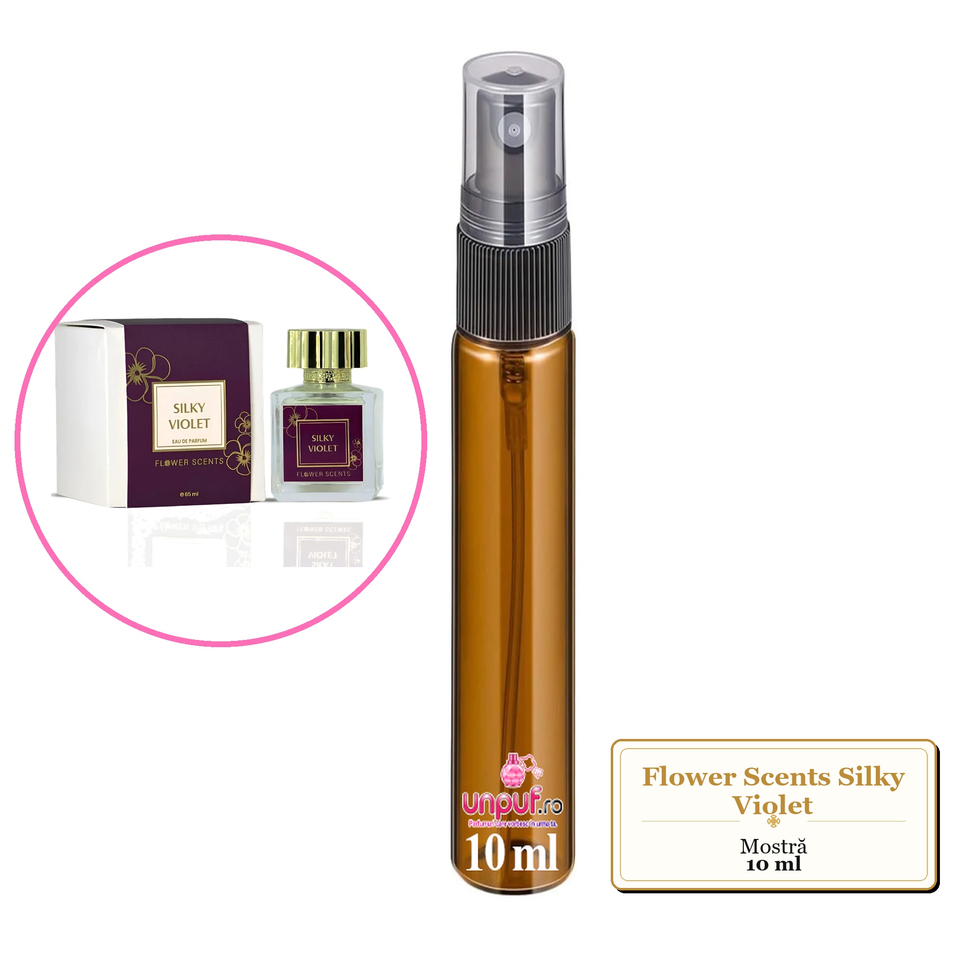 Mostra fiola din Parfumul Flower Scents Silky Violet, decant sticla cu pulverizator 