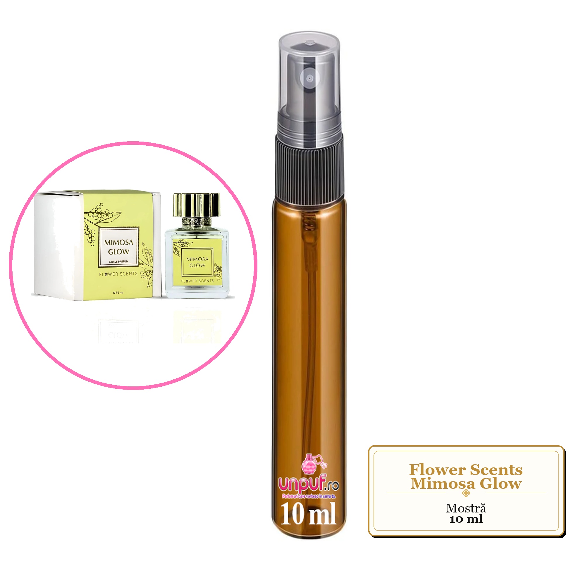 Mostra fiola din Parfumul Flower Scents Mimosa Glow, decant sticla cu pulverizator 