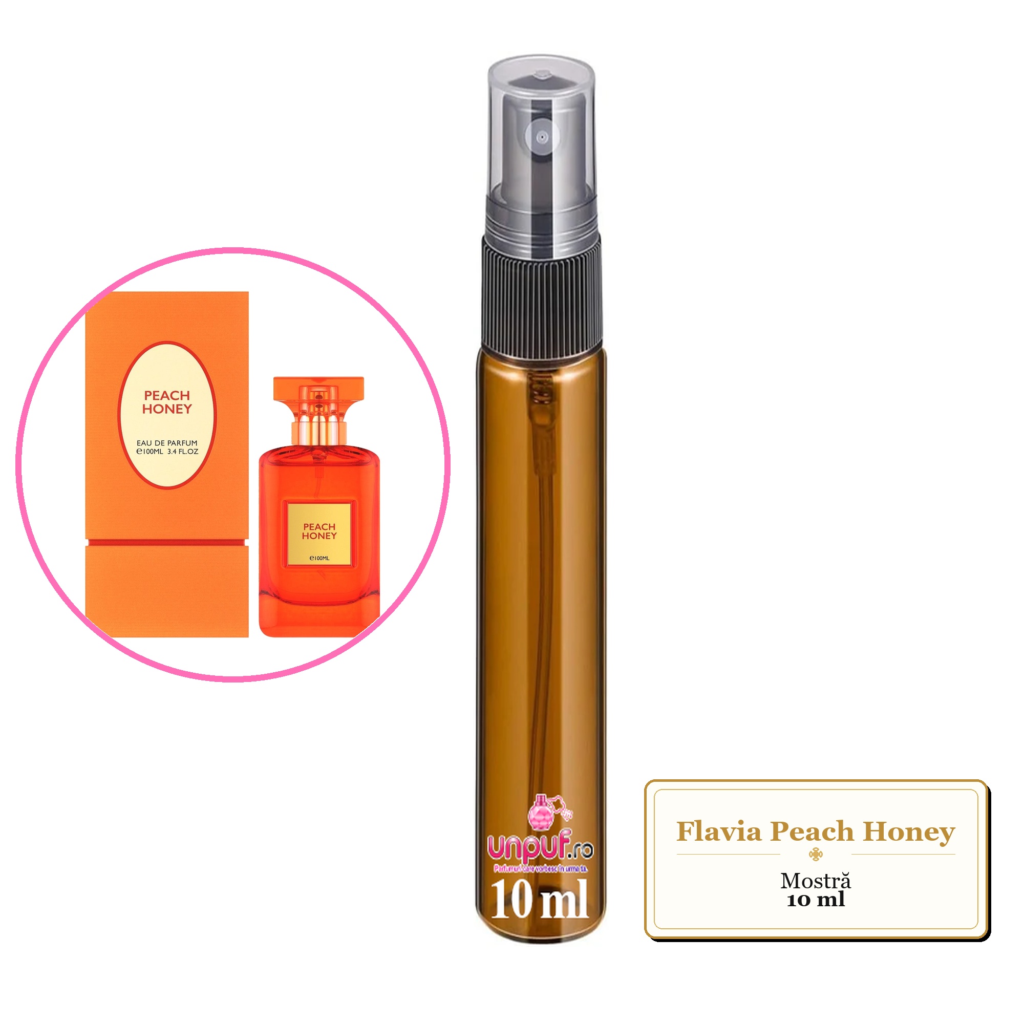 Mostra fiola din Parfumul Flavia Peach Honey, decant sticla cu pulverizator