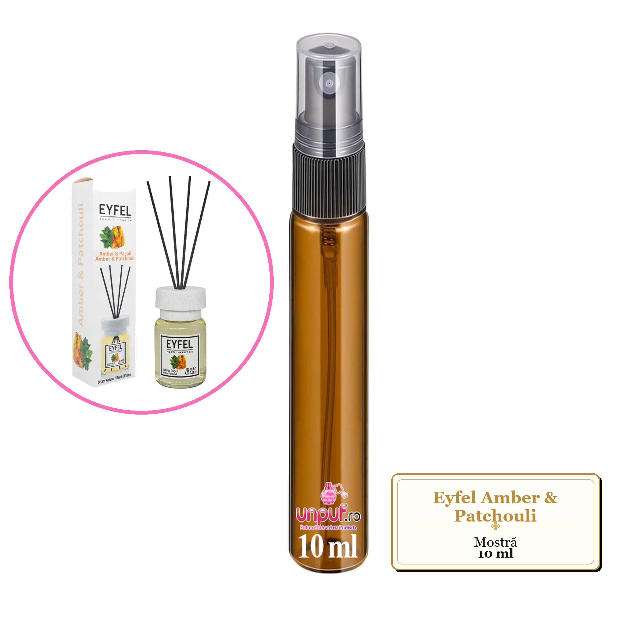 Mostra fiola din Parfumul Eyfel Amber & Patchouli, decant sticla cu pulverizator 