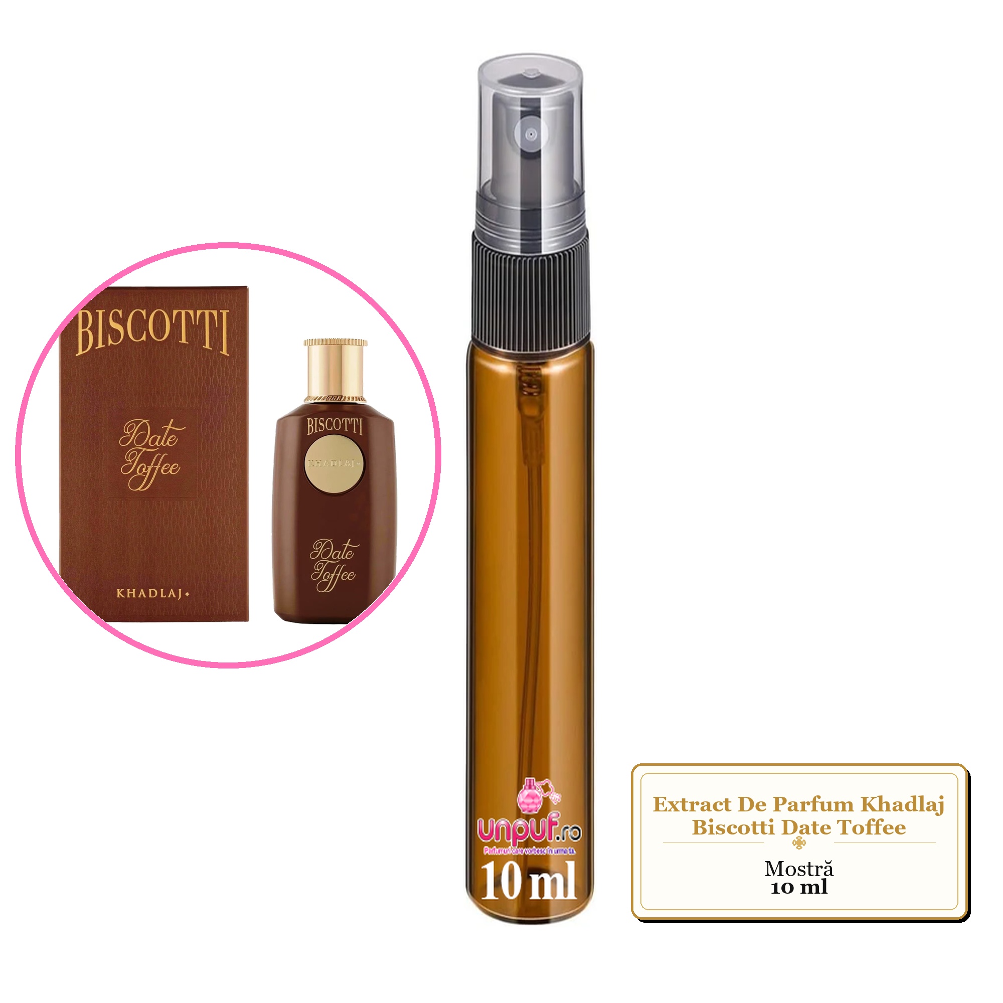 Mostra fiola din Parfumul Extract De Parfum Khadlaj Biscotti Date Toffee, decant sticla cu pulverizator 