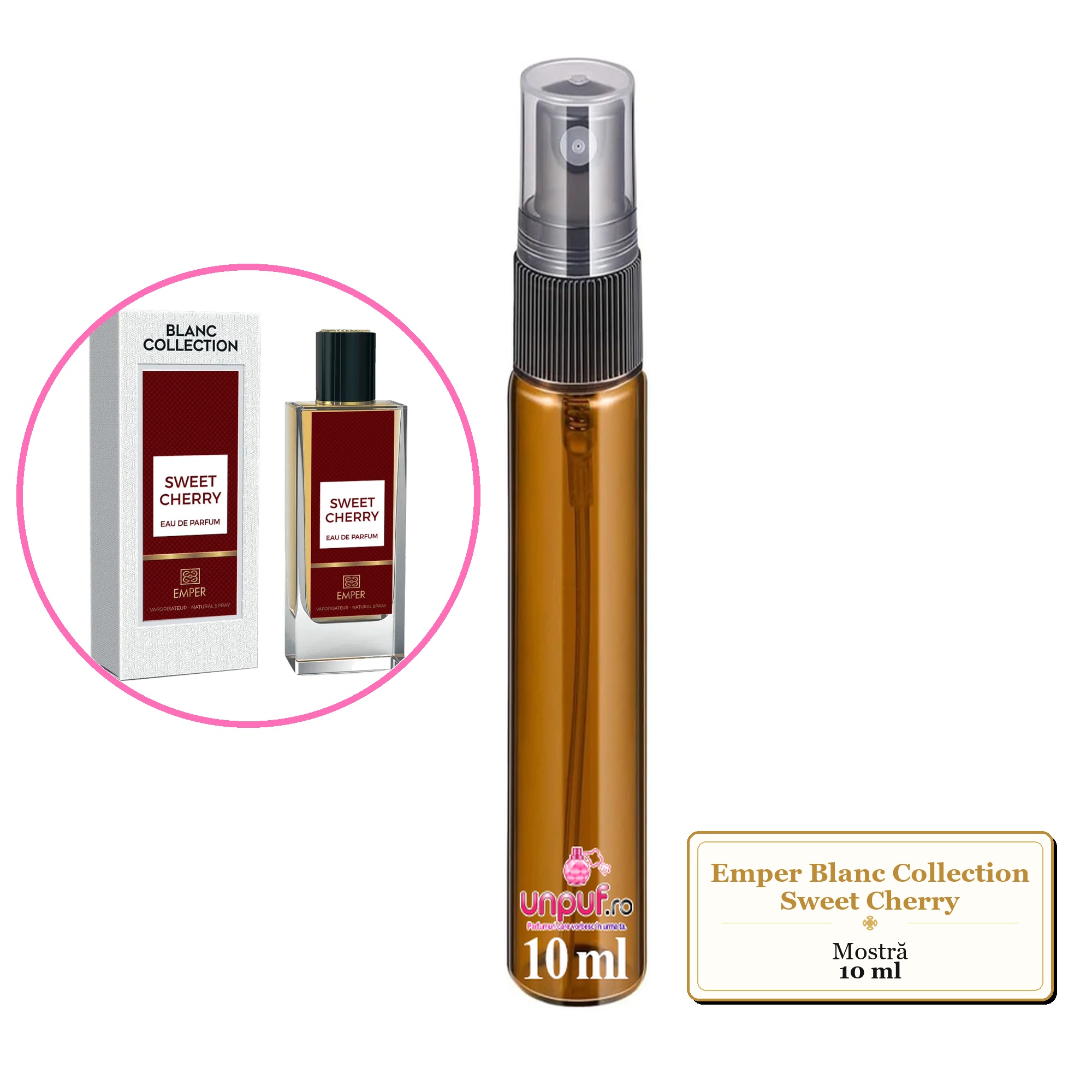 Mostra fiola din Parfumul Emper Blanc Collection Sweet Cherry, decant sticla cu pulverizator
