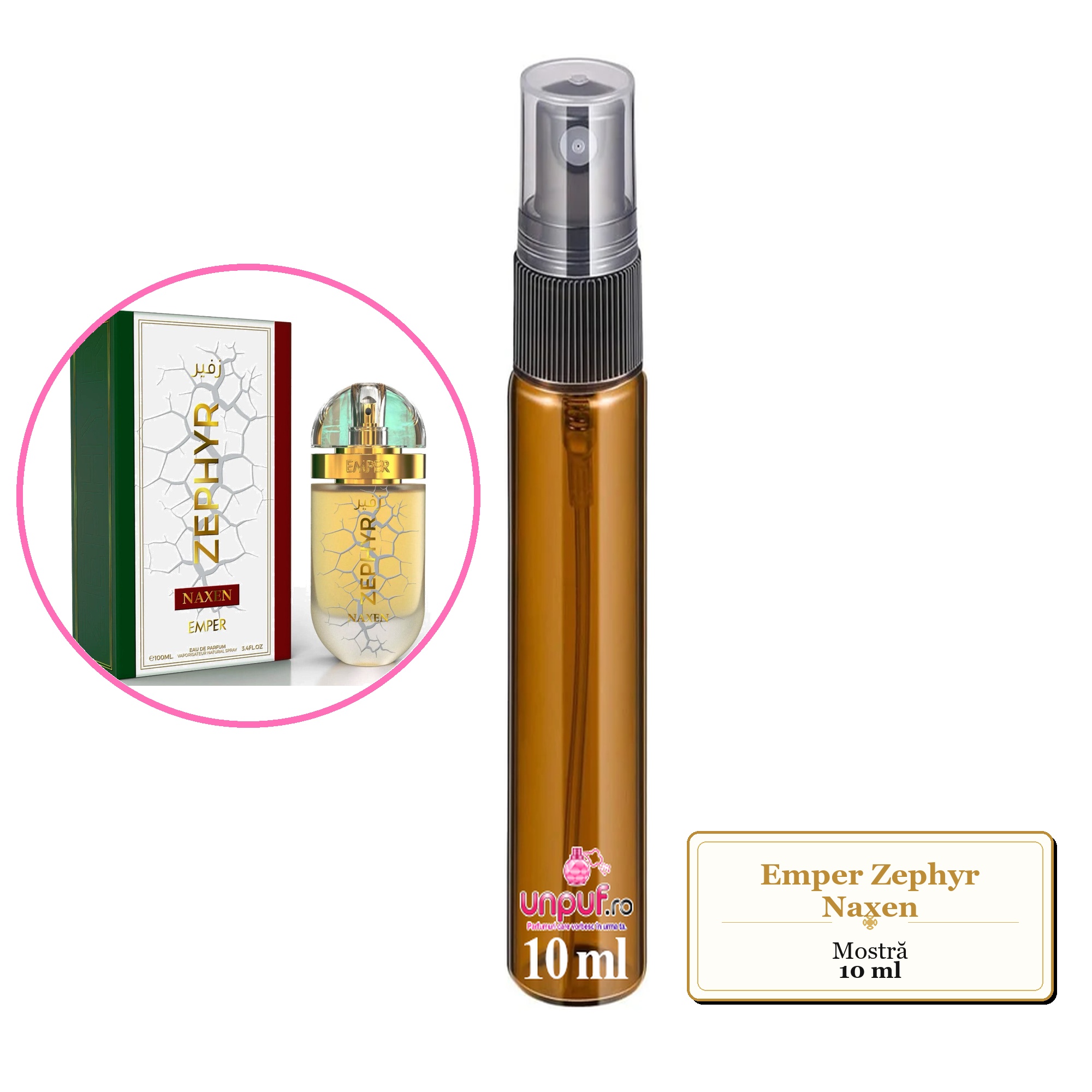 Mostra fiola din Parfumul Emper Zephyr Naxen, decant sticla cu pulverizator