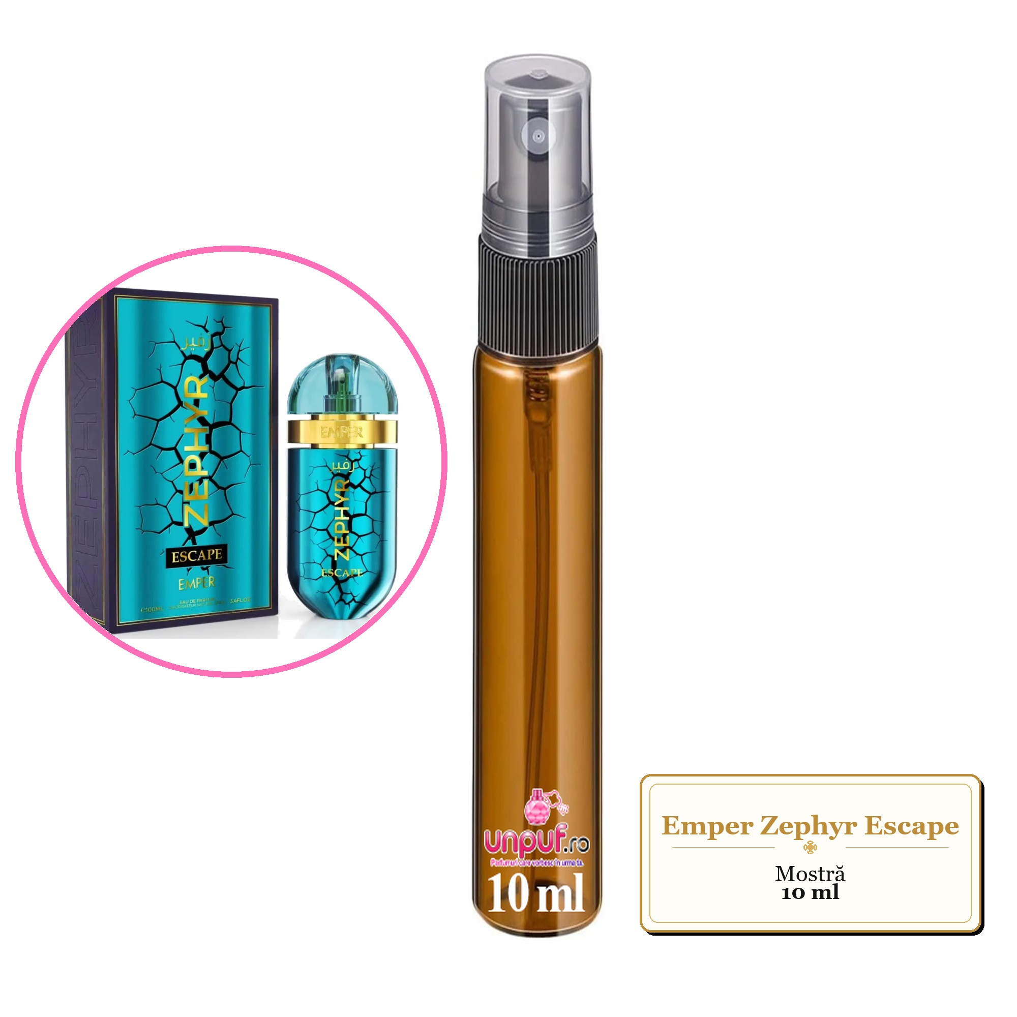 Mostra fiola din Parfumul Emper Zephyr Escape, decant sticla cu pulverizator