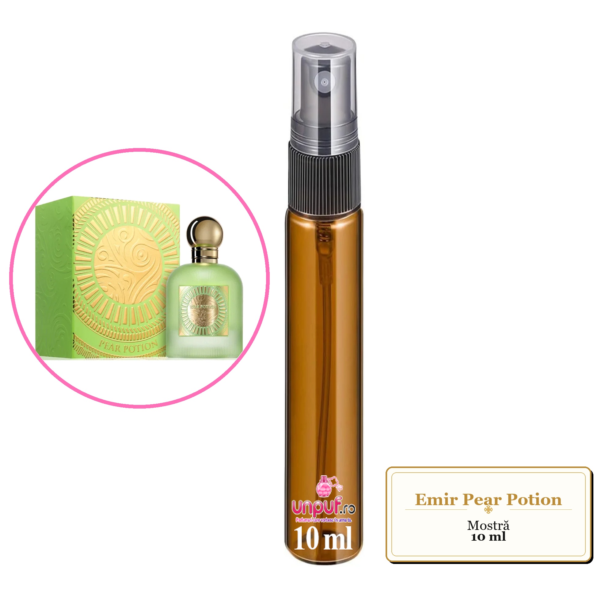 Mostra fiola din Parfumul Emir Pear Potion, decant sticla cu pulverizator 