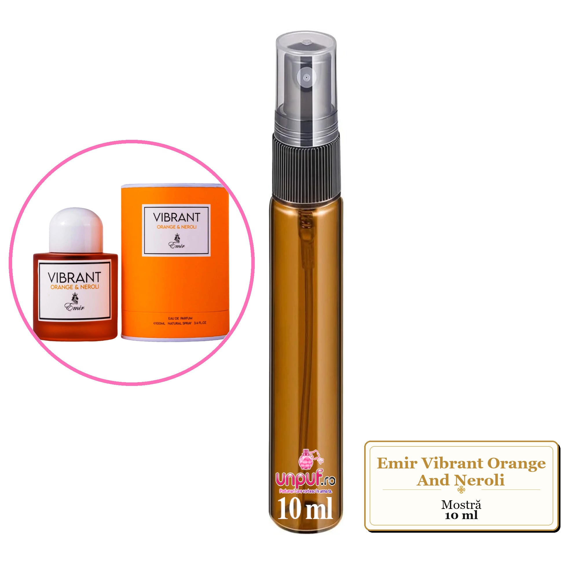Mostra fiola din Parfumul Emir Vibrant Orange And Neroli, decant sticla cu pulverizator 
