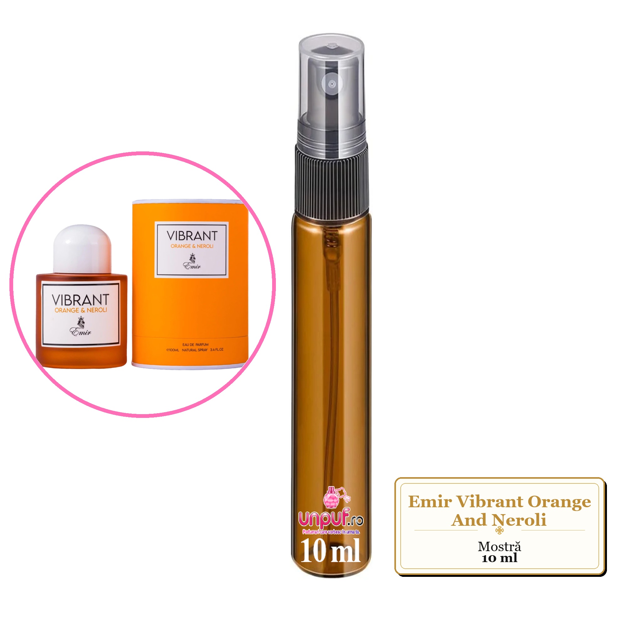 Mostra fiola din Parfumul Emir Vibrant Orange And Neroli, decant sticla cu pulverizator 