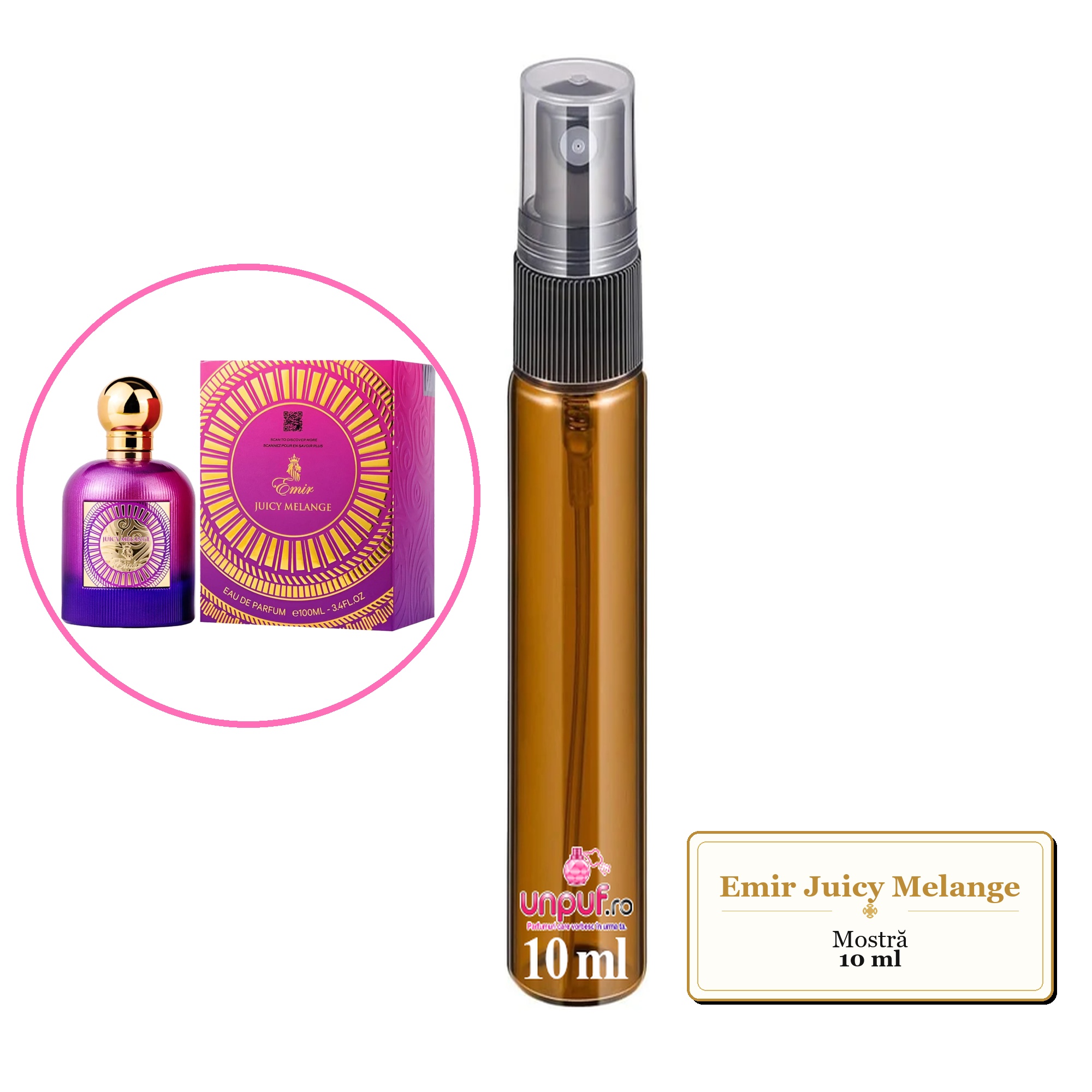 Mostra fiola din Parfumul Emir Juicy Melange, decant sticla cu pulverizator 