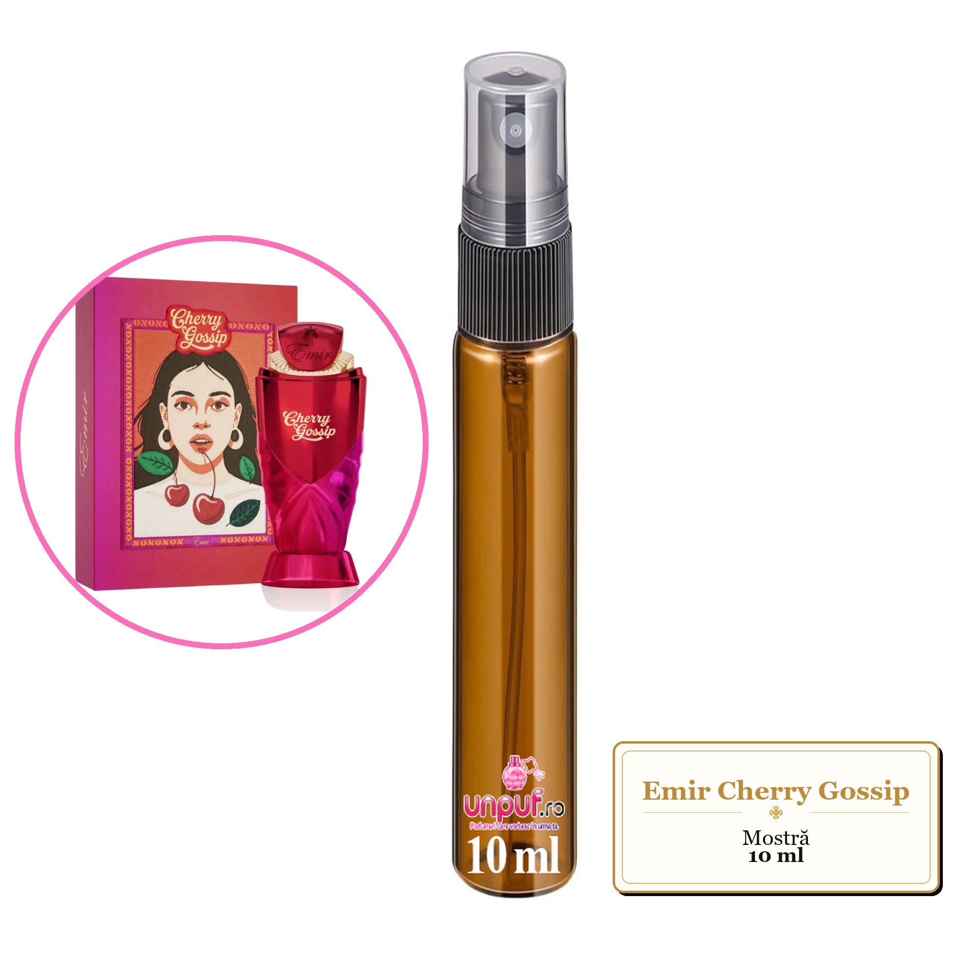 Mostra fiola din Parfumul Emir Cherry Gossip, decant sticla cu pulverizator