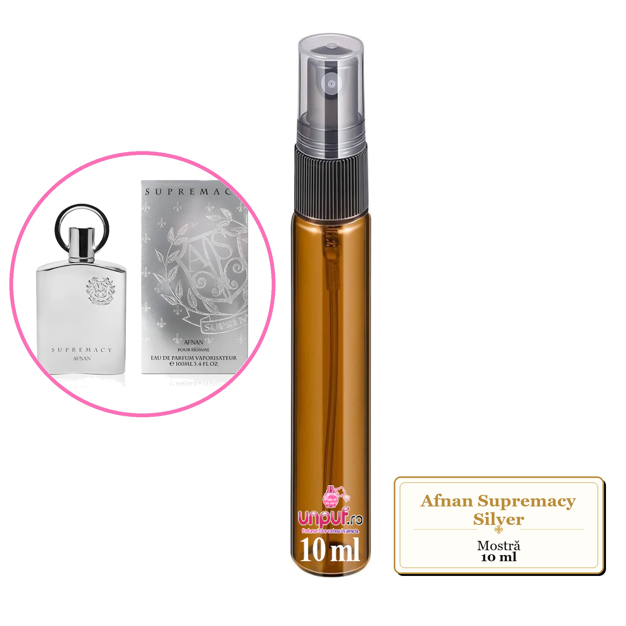 Mostra fiola din Parfumul Afnan Supremacy Silver, decant sticla cu pulverizator 