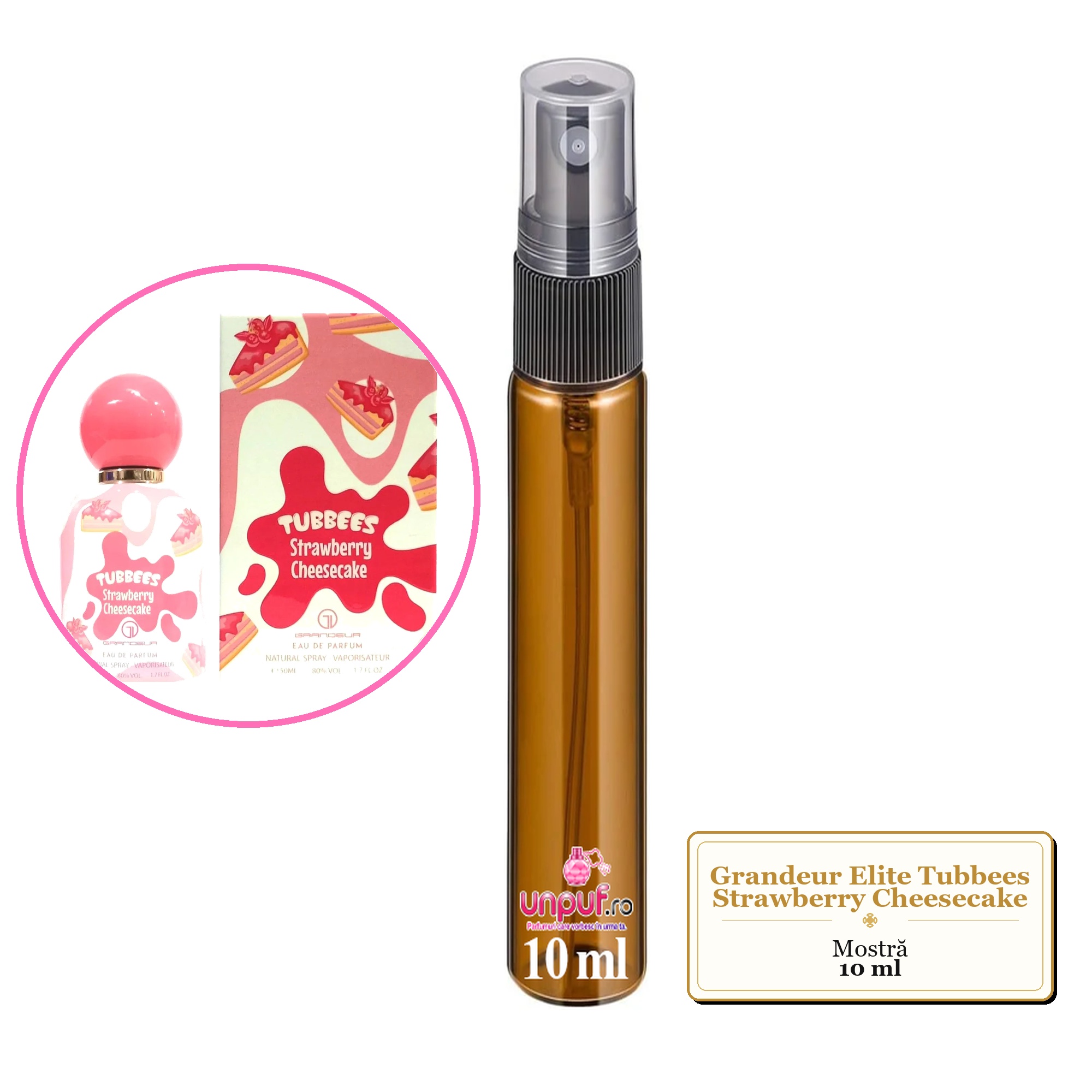 Mostra fiola din Parfumul Grandeur Elite Tubbees Strawberry Cheesecake, decant sticla cu pulverizator 