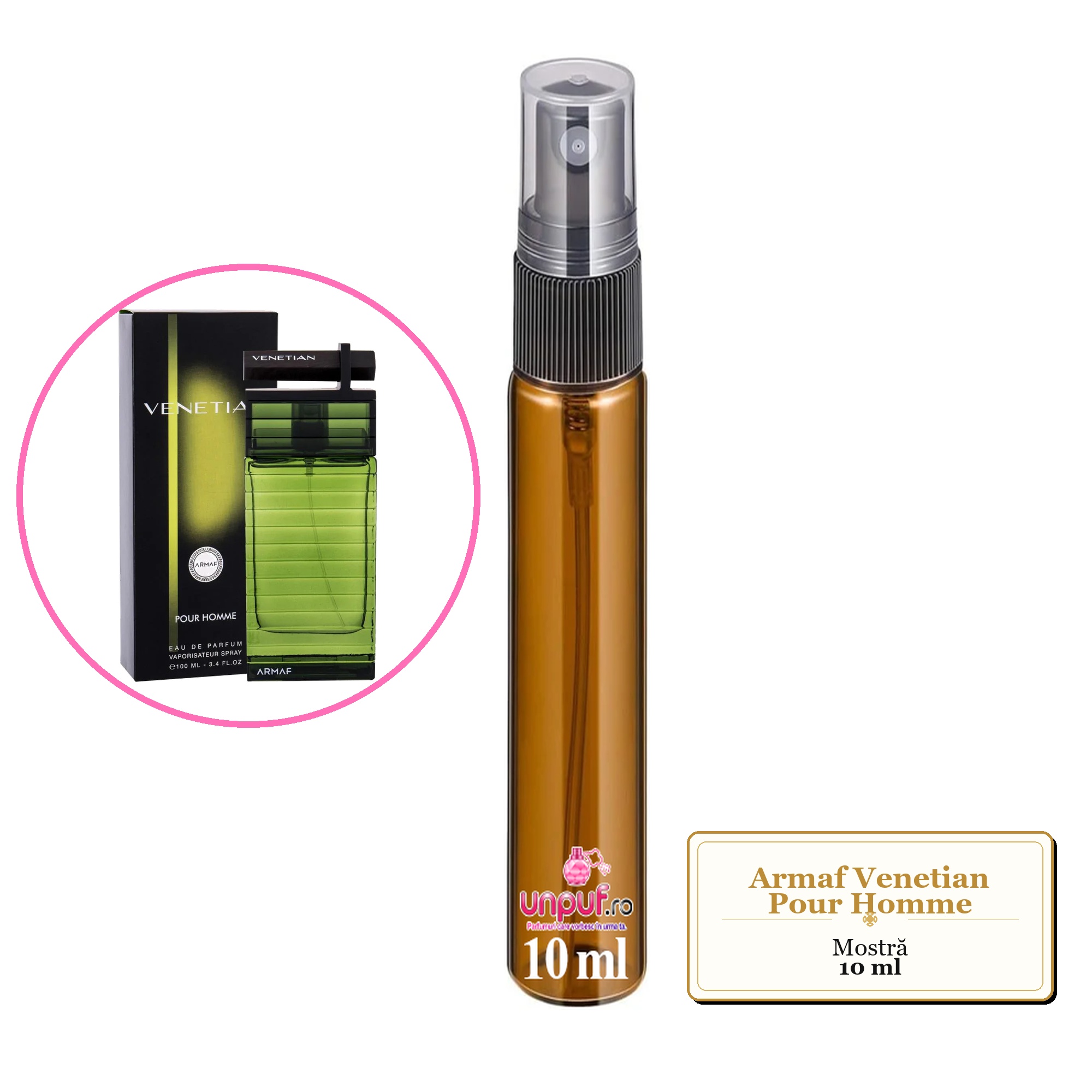 Mostra fiola din Parfumul Armaf Venetian Pour Homme, decant sticla cu pulverizator