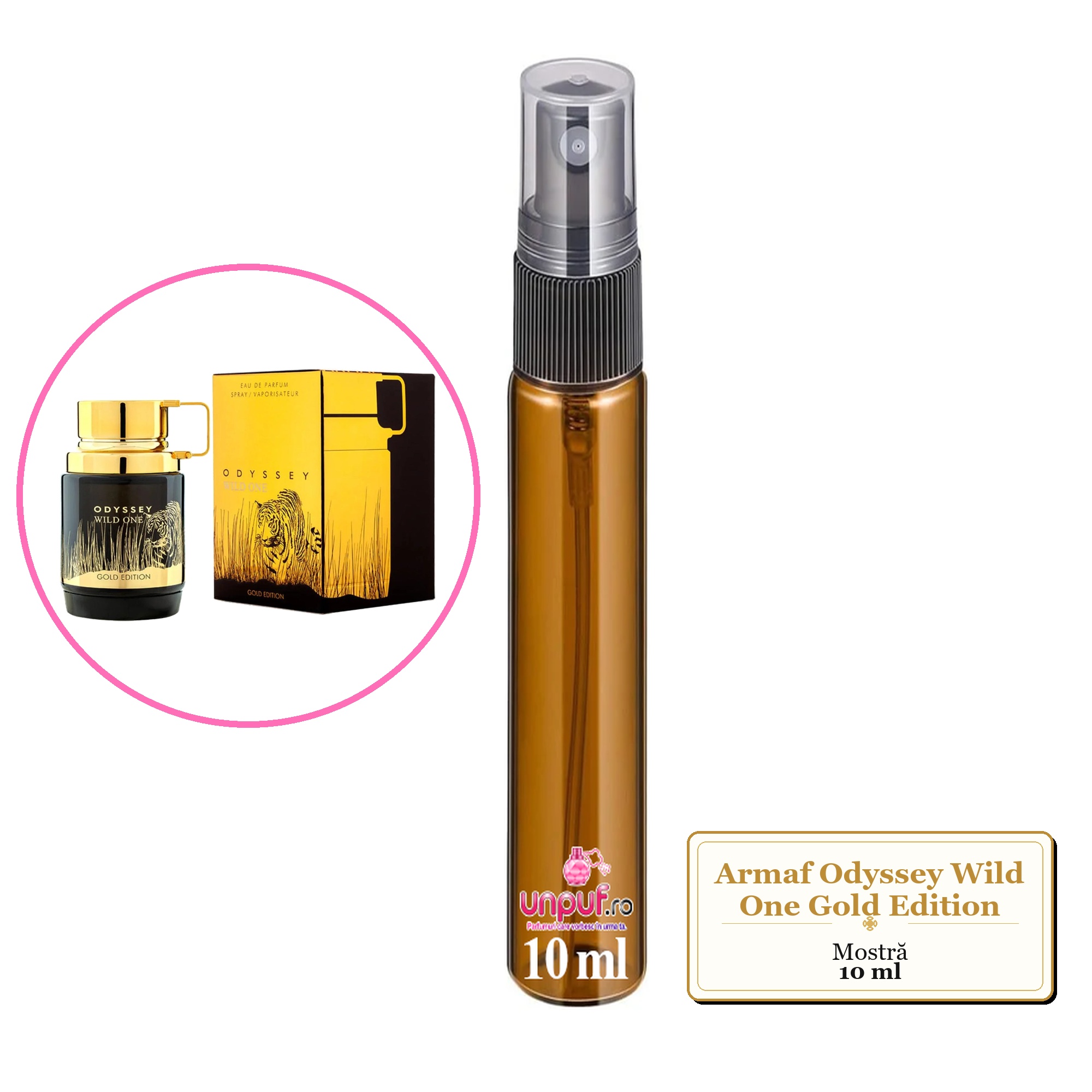 Mostra fiola din Parfumul Armaf Odyssey Wild One Gold Edition, decant sticla cu pulverizator 
