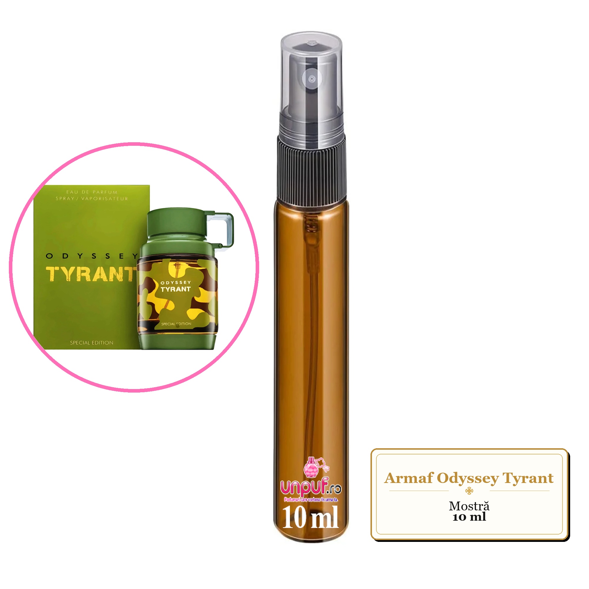 Mostra fiola din Parfumul Armaf Odyssey Tyrant, decant sticla cu pulverizator 