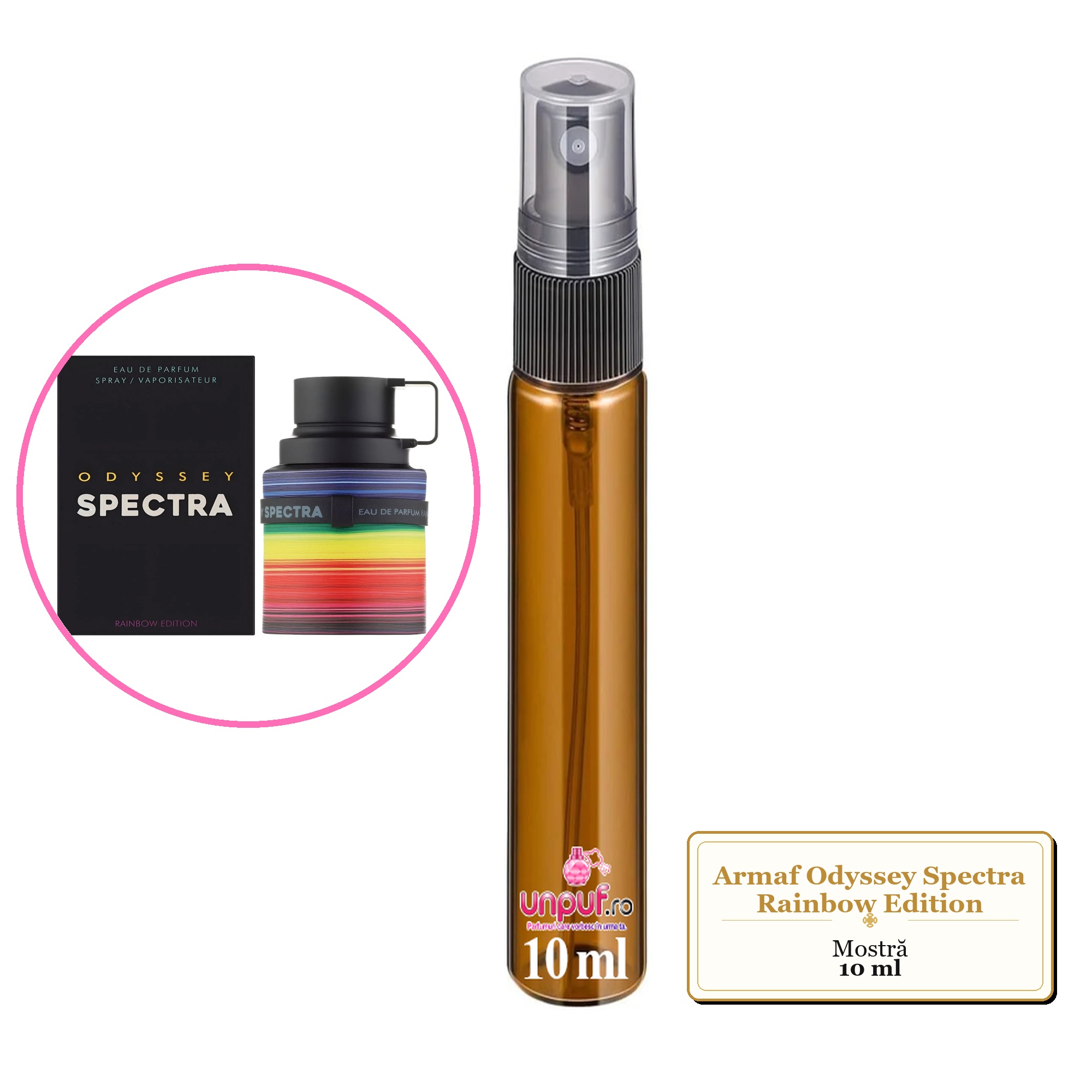 Mostra fiola din Parfumul Armaf Odyssey Spectra Rainbow Edition, decant sticla cu pulverizator