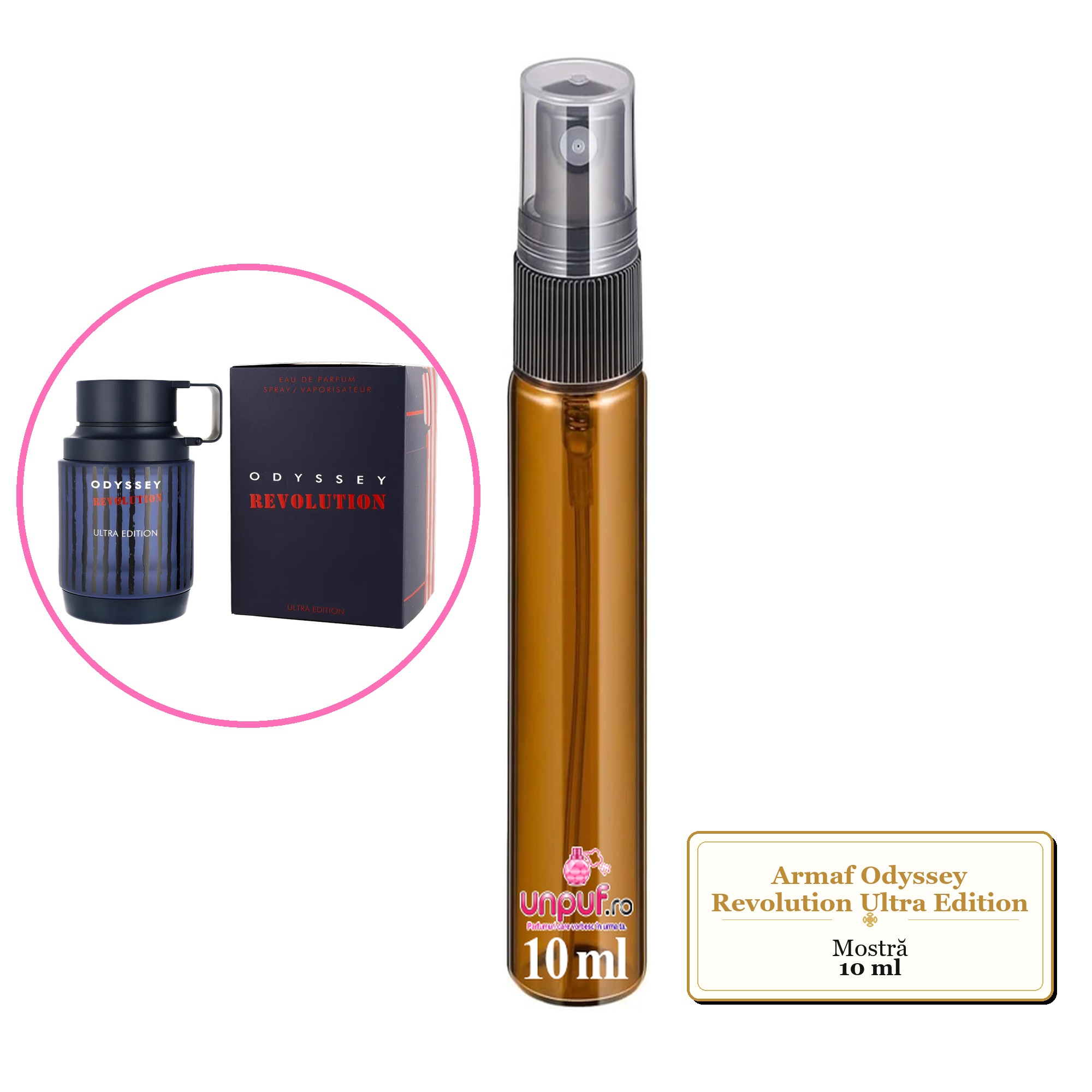 Mostra fiola din Parfumul Armaf Odyssey Revolution Ultra Edition, decant sticla cu pulverizator 