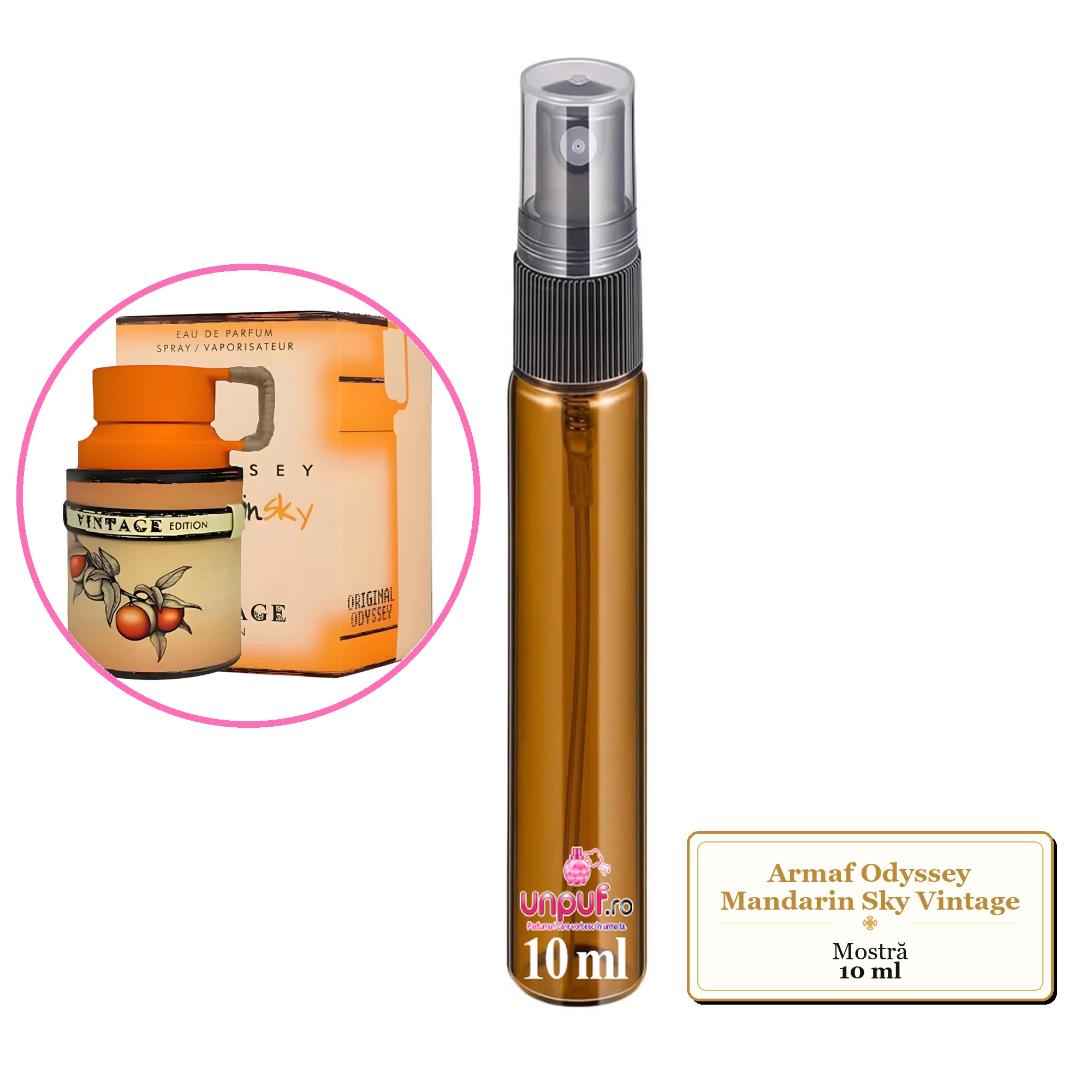 Mostra fiola din Parfumul Armaf Odyssey Mandarin Sky Vintage, decant sticla cu pulverizator