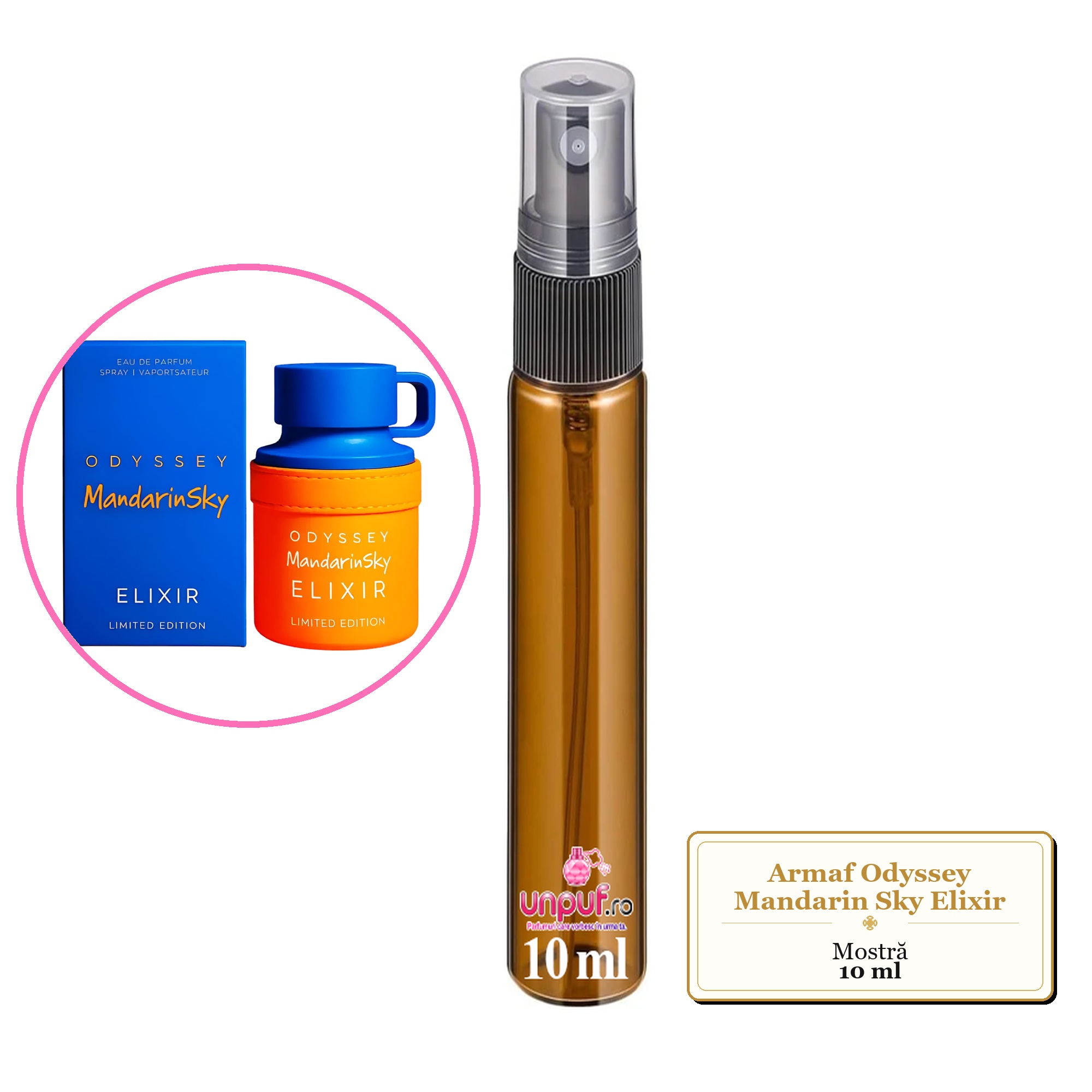 Mostra fiola din Parfumul Armaf Odyssey Mandarin Sky Elixir, decant sticla cu pulverizator 