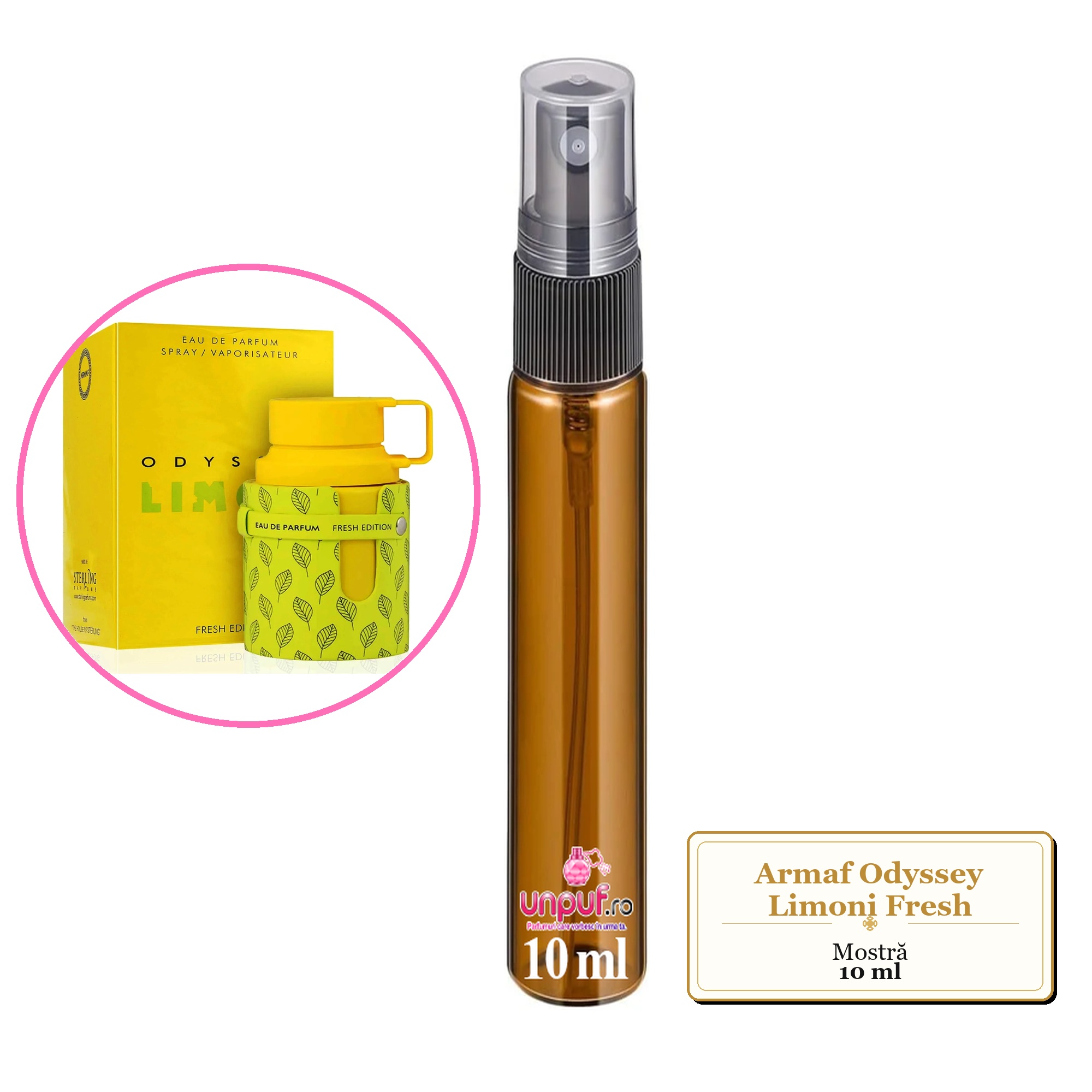 Mostra fiola din Parfumul Armaf Odyssey Limoni Fresh, decant sticla cu pulverizator