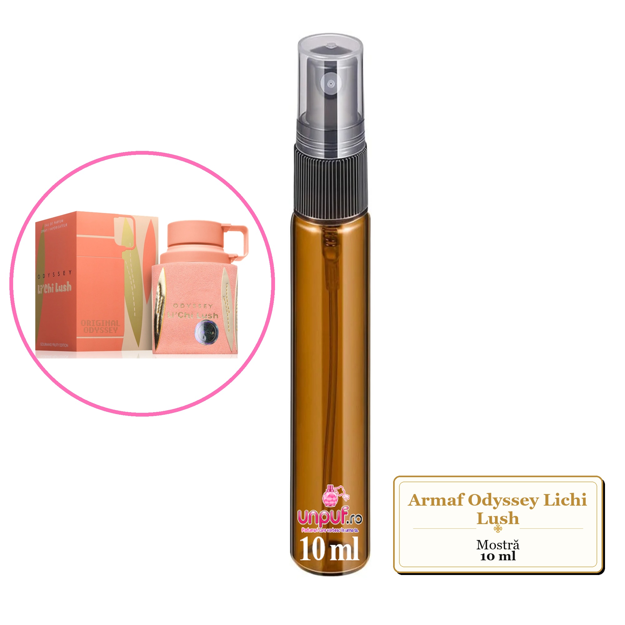Mostra fiola din Parfumul Armaf Odyssey Lichi Lush, decant sticla cu pulverizator 
