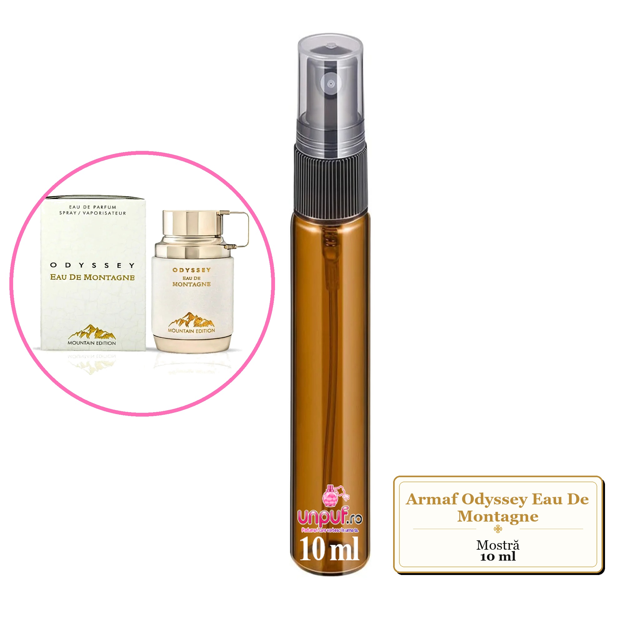 Mostra fiola din Parfumul Armaf Odyssey Eau De Montagne, decant sticla cu pulverizator 