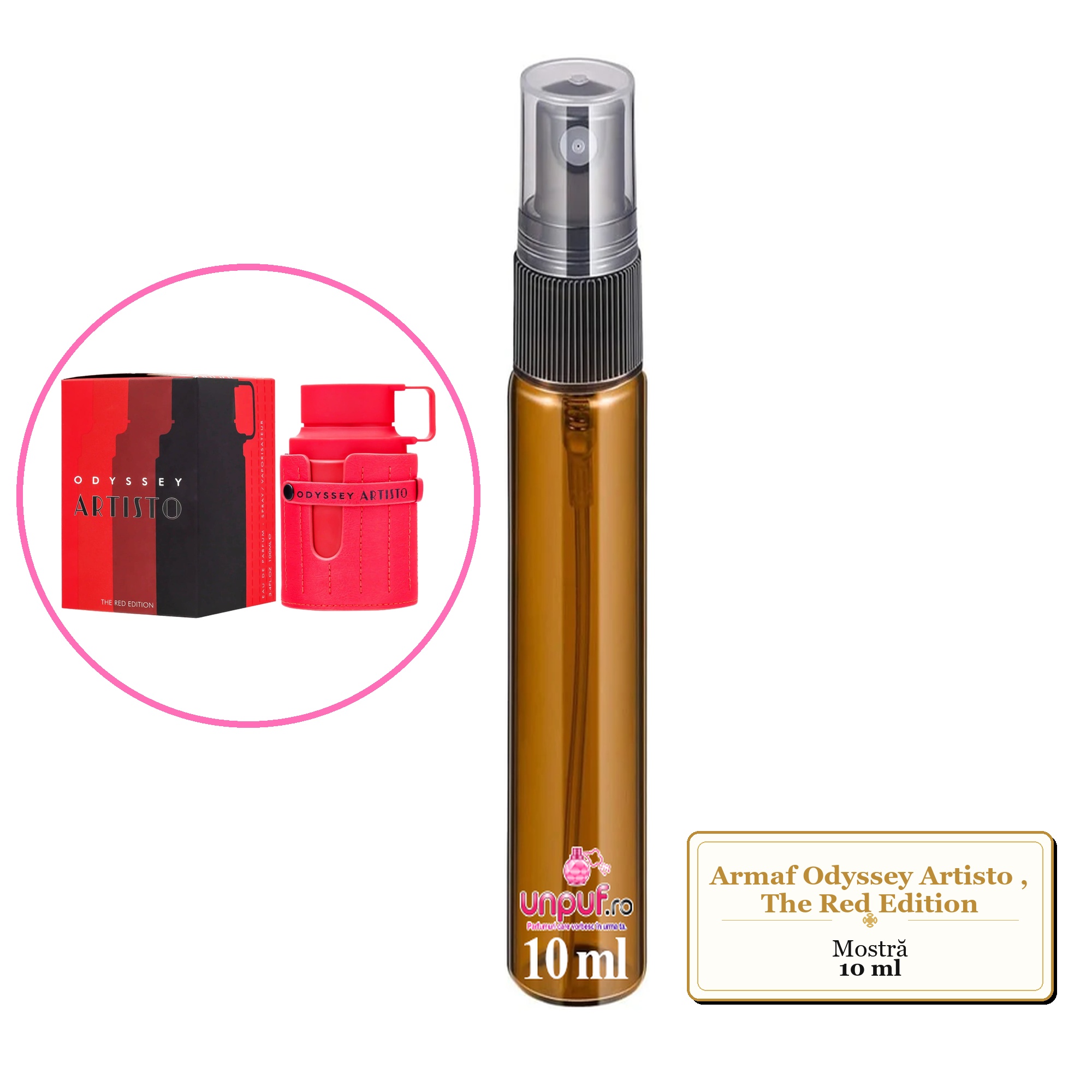 Mostra fiola din Parfumul Armaf Odyssey Artisto, The Red Edition, decant sticla cu pulverizator 