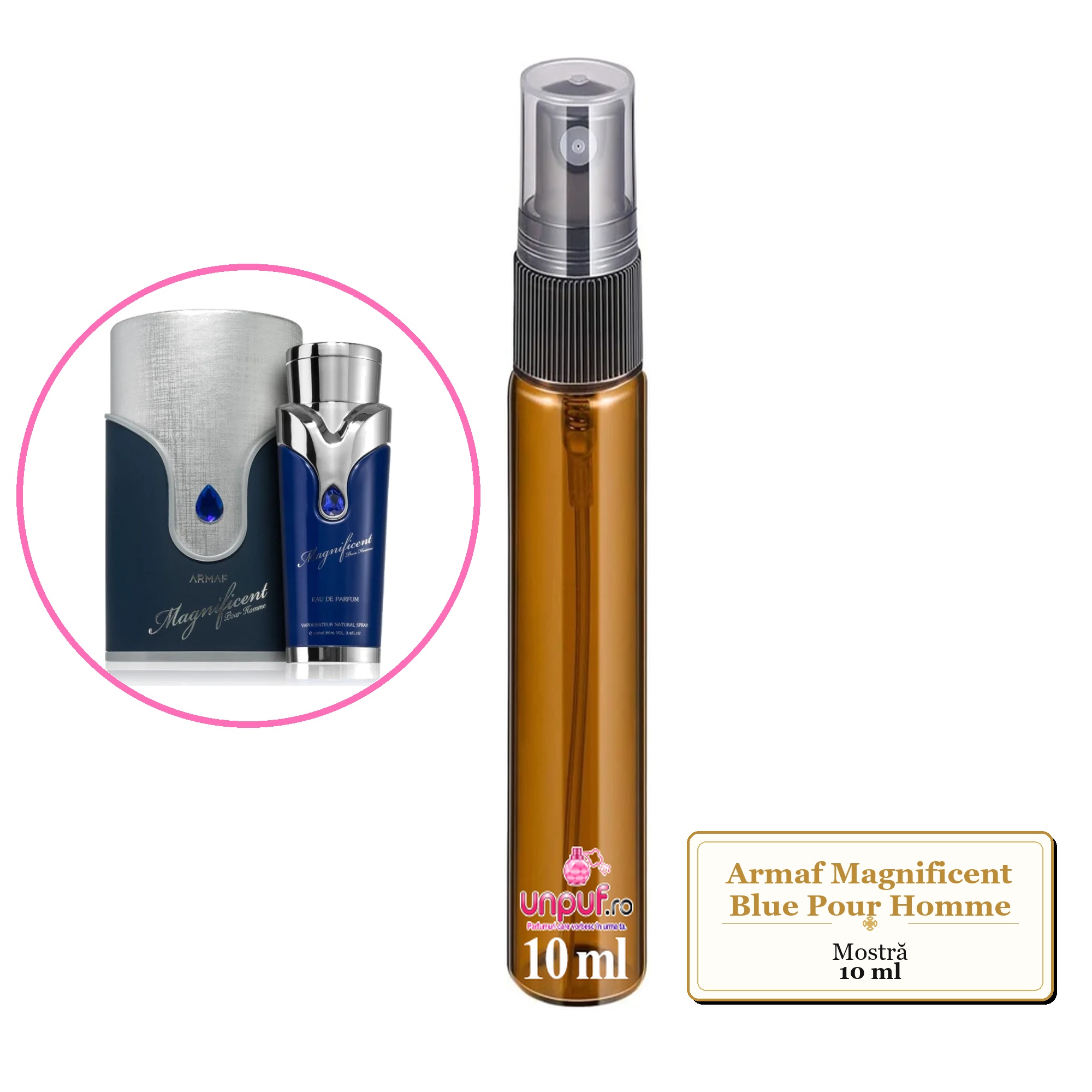 Mostra fiola din Parfumul Armaf Magnificent Blue Pour Homme, decant sticla cu pulverizator 